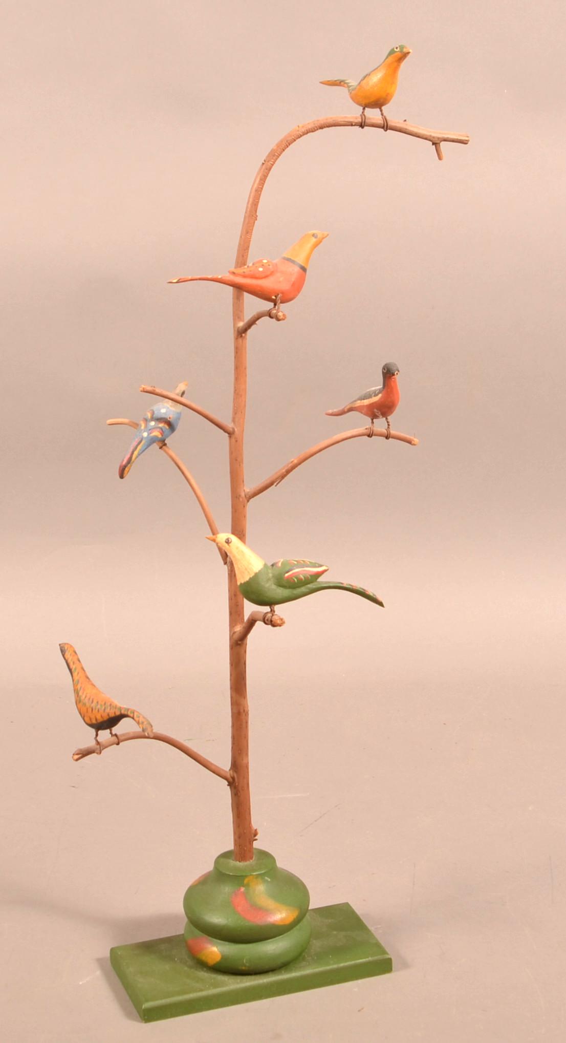 Gottshall Folk Art Carved & Painted Bird Tree.: Contemporary Folk Art Carved and Painted Wood Bird Tree. Signed "WJG 85". (Walter J. Gottshall 1985) 24"h. Condition: Good with minor wear and loss.