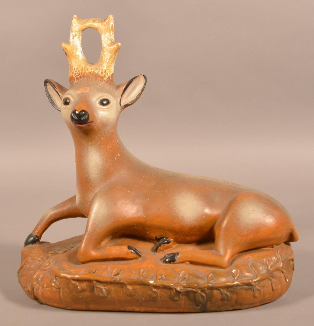 Large Antique Hollow Body Chalkware Reclining Stag.: Large Antique Hollow Body Chalkware Reclining Stag. 16"h. x 17"l. Condition: Good with wear and minor chips.