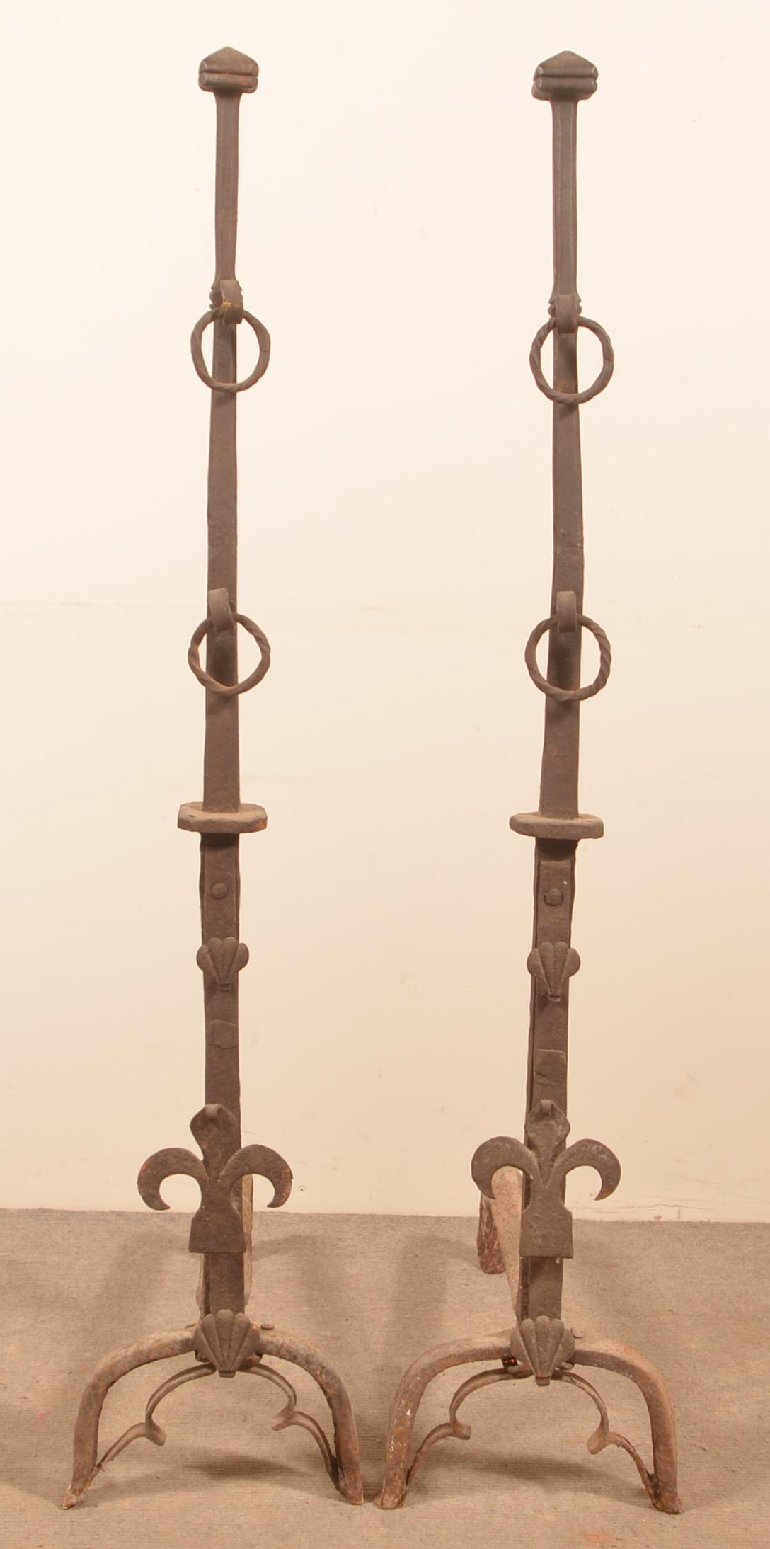 Large Pair of Antique Andirons.: Large Pair of Antique Andirons. 50"h. Condition: Good with rust and pitting.