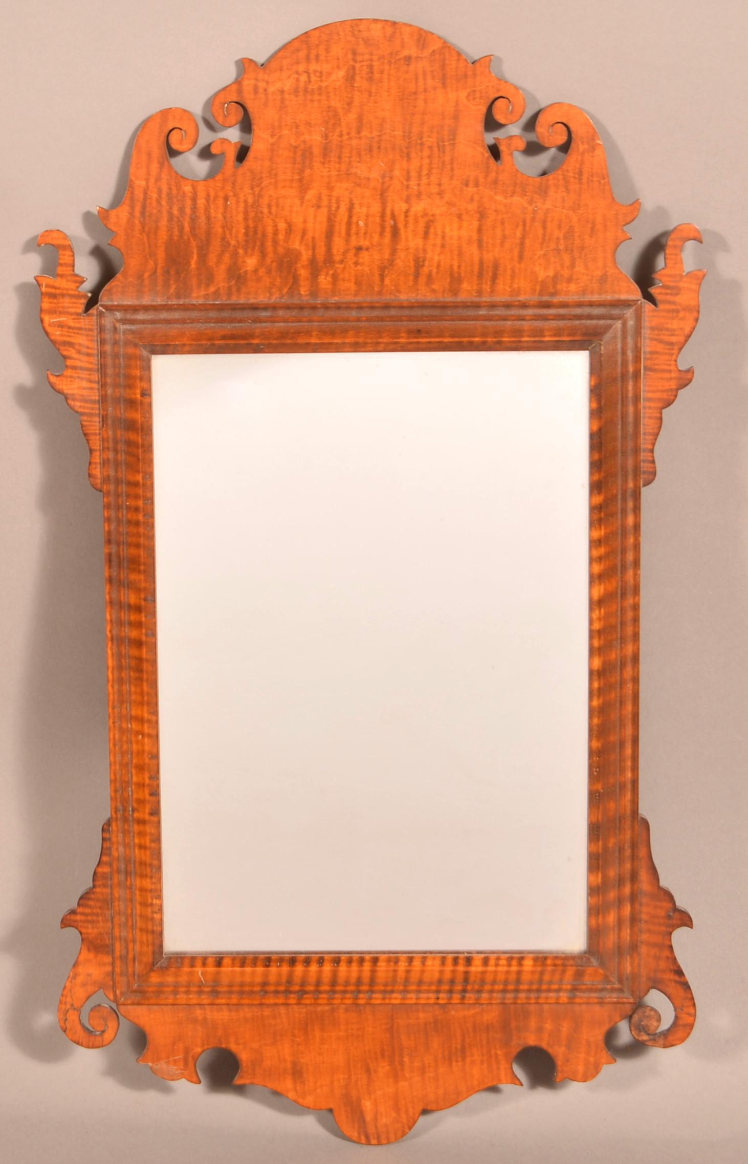 Small Chippendale Style Tiger Maple Frame Mirror.: Small Chippendale Style Tiger Maple Frame Mirror. 19" x 11". Tex Johnson Collection. Condition: Good with some breaks and repairs.