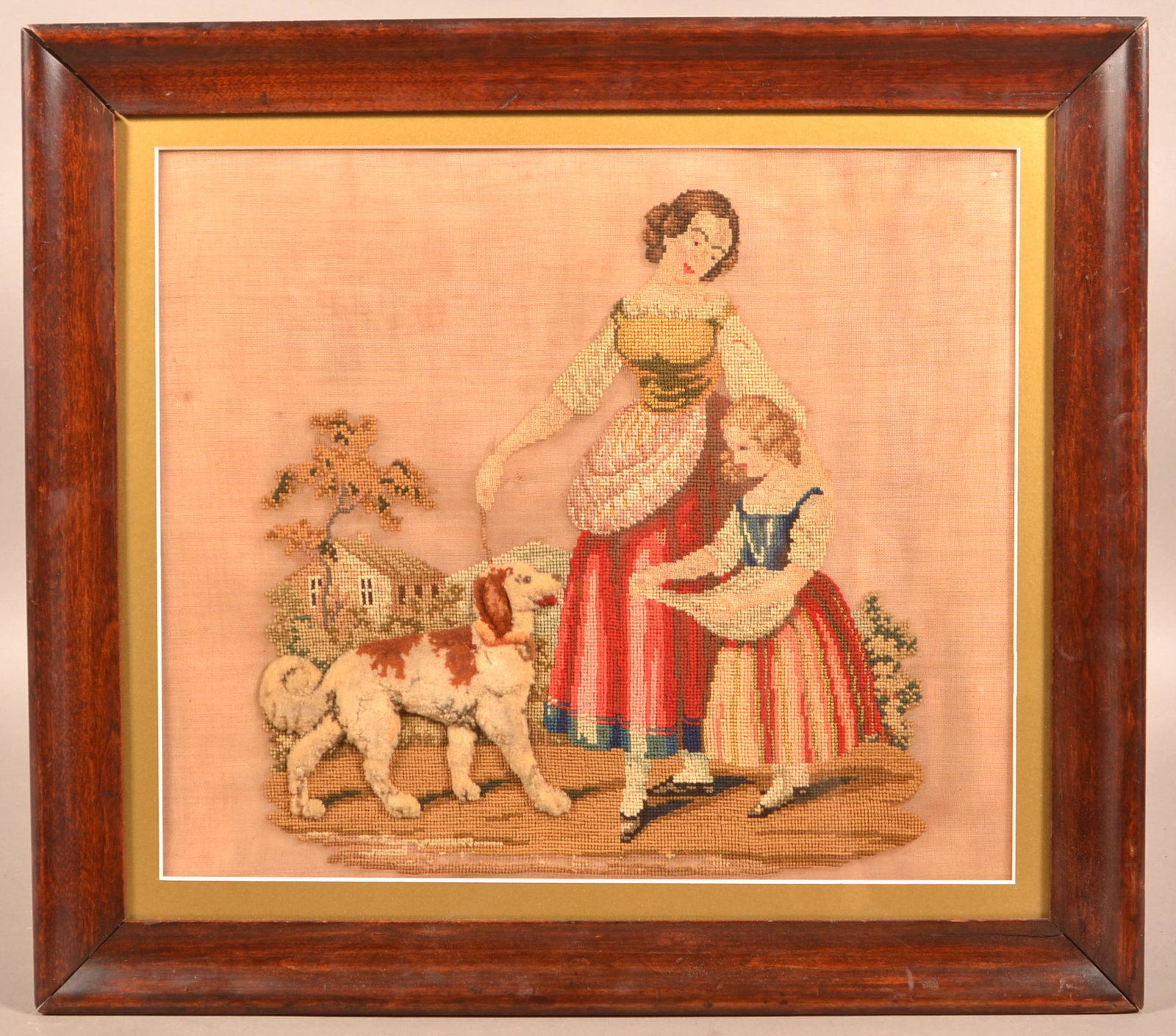 Late 19th Century Pictorial Needlework.: Late 19th Century Pictorial Needlework. Depicting mother and child with dog. Framed and matted, 21-3/4" x 24-1/2" overall. Tex Johnson Collection. Condition: Good with some loss at bottom.