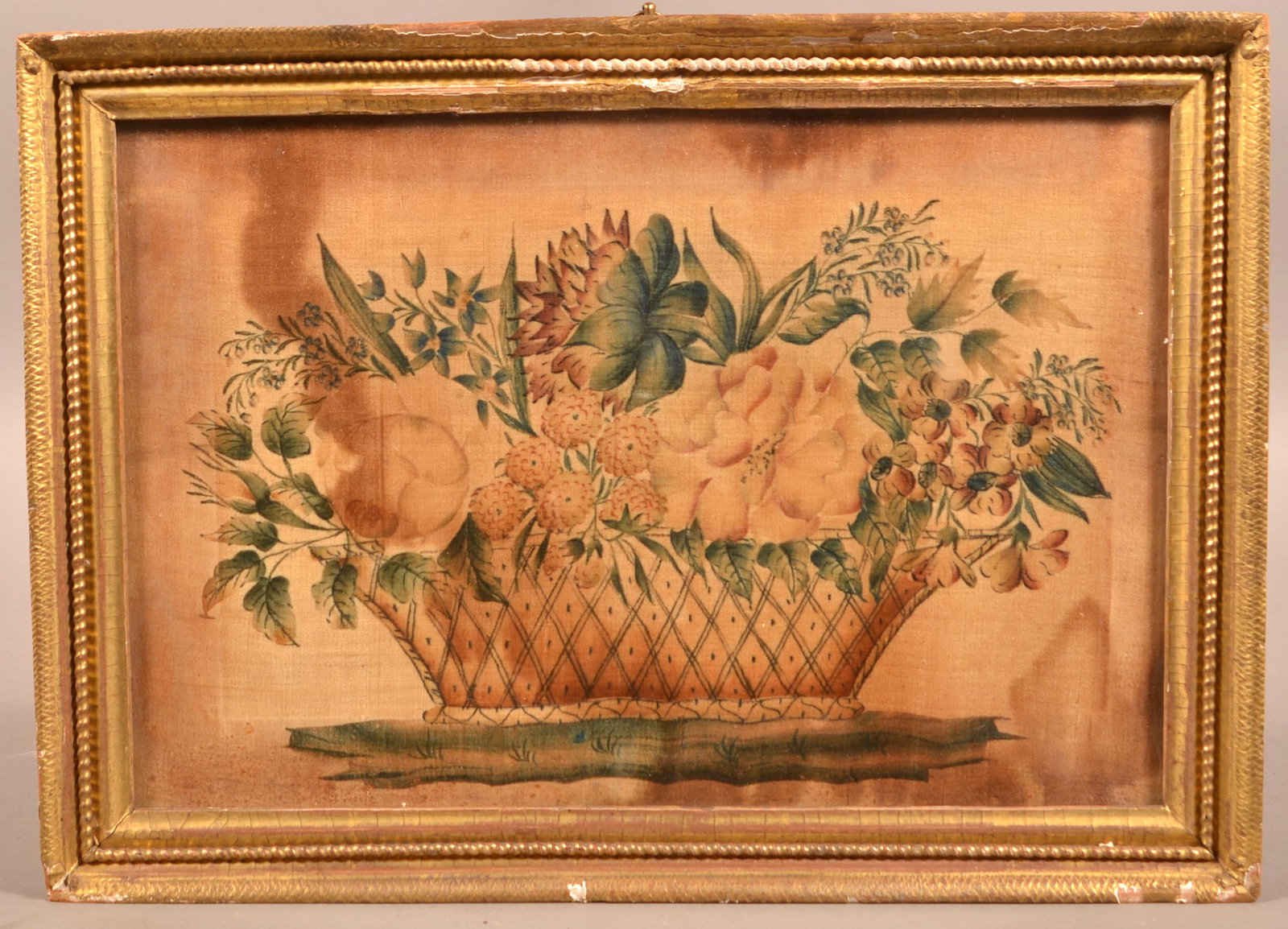 19th Century Basket of Flowers Theorem on Velvet.: American 19th Century Basket of Flowers Theorem on Velvet. Purchased at George W. Scott Jr. Auction, 1994, and accompanied with a Christy's Catalog. In a period gilt frame, 12-1/2 x17-1/2" overall. Co
