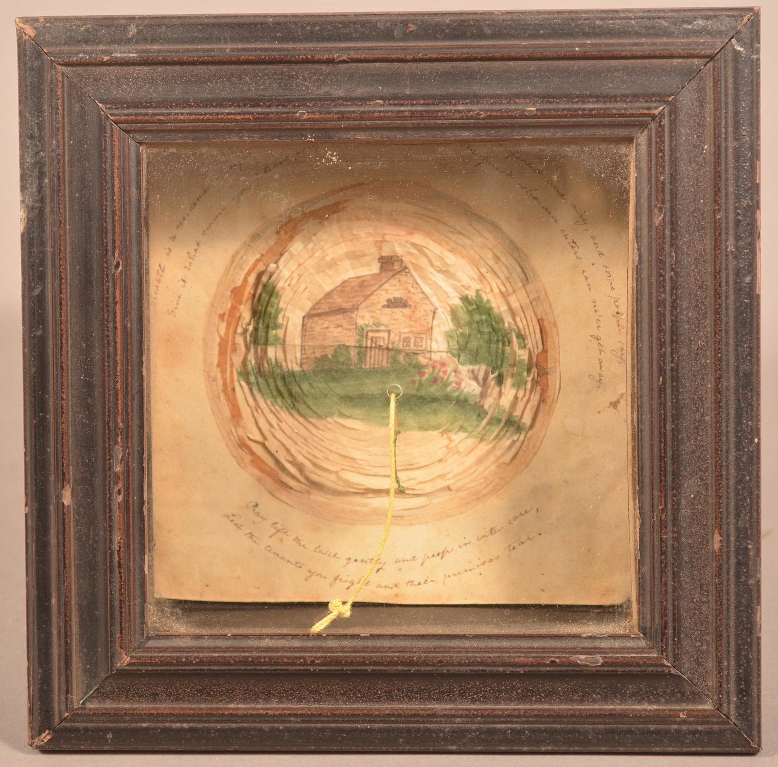 19th Century Mechanical Watercolor Drawing and Verse.: 19th Century Mechanical Watercolor Drawing with Verse. In a shadow box frame, 8" square. Condition: Good with foxing and wear.