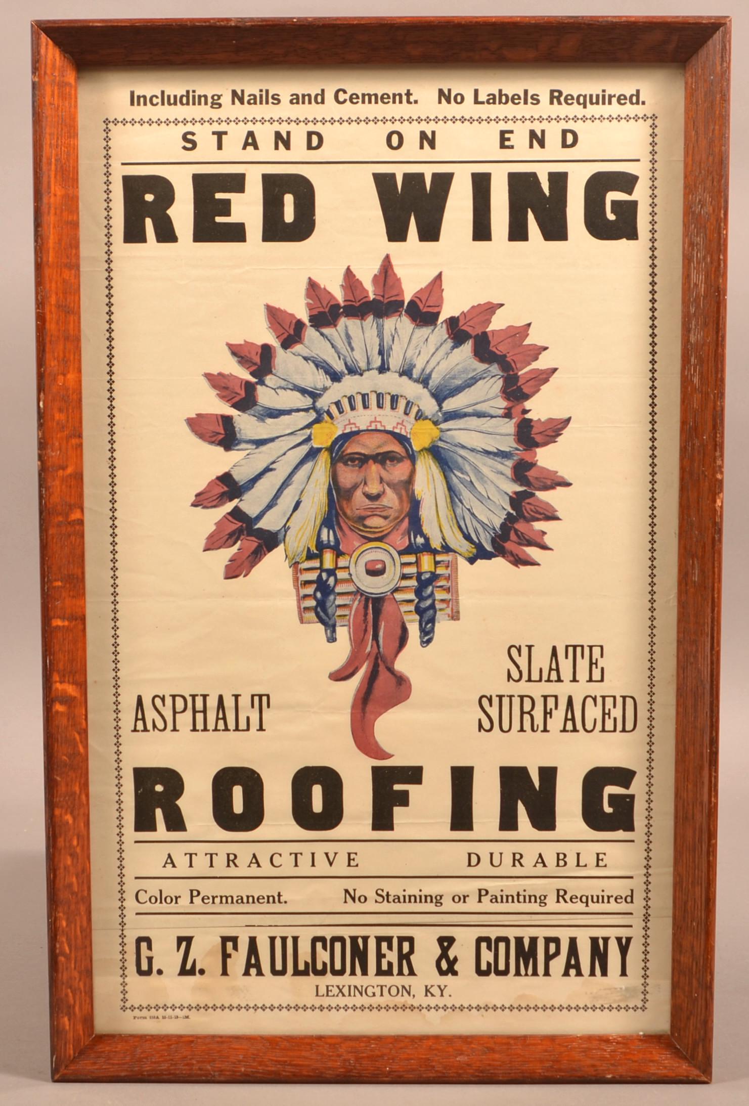 Vintage Red Wing Roofing Framed Advertising.: Vintage Red Wing Roofing Framed Advertising. G.Z. Faulconer & Company, Lexington, KY. 20-3/4" x 13" overall. Condition: Good with minor stains.