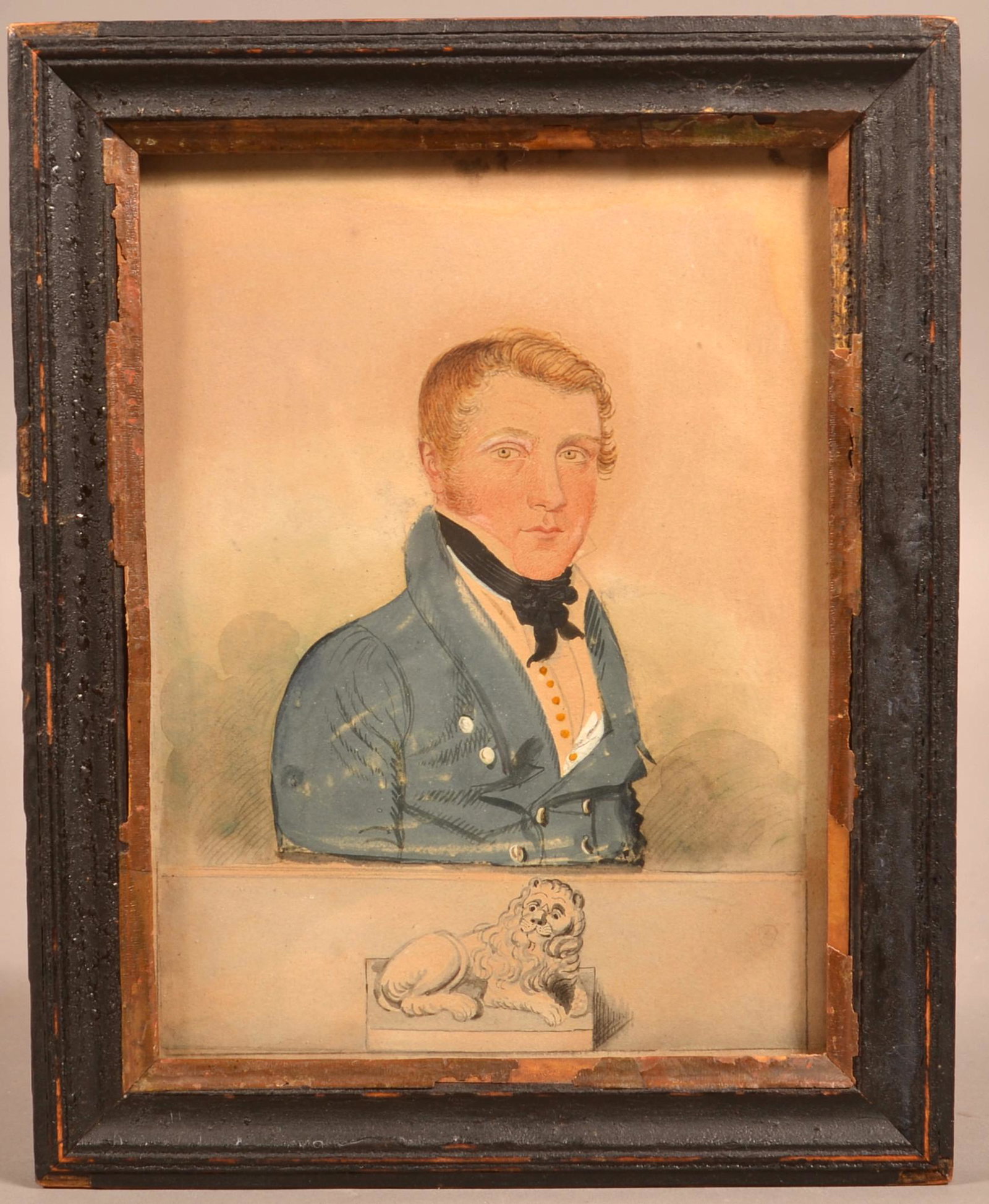 19th Century Watercolor Drawing of a Gentleman.: 19th Century Watercolor Drawing of a Gentleman. With lower tablet of a reclining lion. Unsigned. In an antique molded frame, 9-1/2" x 7-3/4" overall. Condition: Good with foxing, frame has wear.