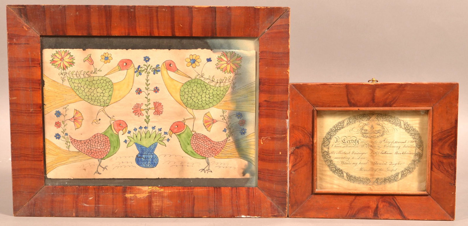 2 PA 19th Century Paint Decorated Picture Frames.: Two Pennsylvania 19th Century Paint Decorated Picture Frames. One with 20th Century Fraktur watercolor drawing. One with an 1850 marriage certificate. Largest measures 13" x 17" overall. Condition: Go