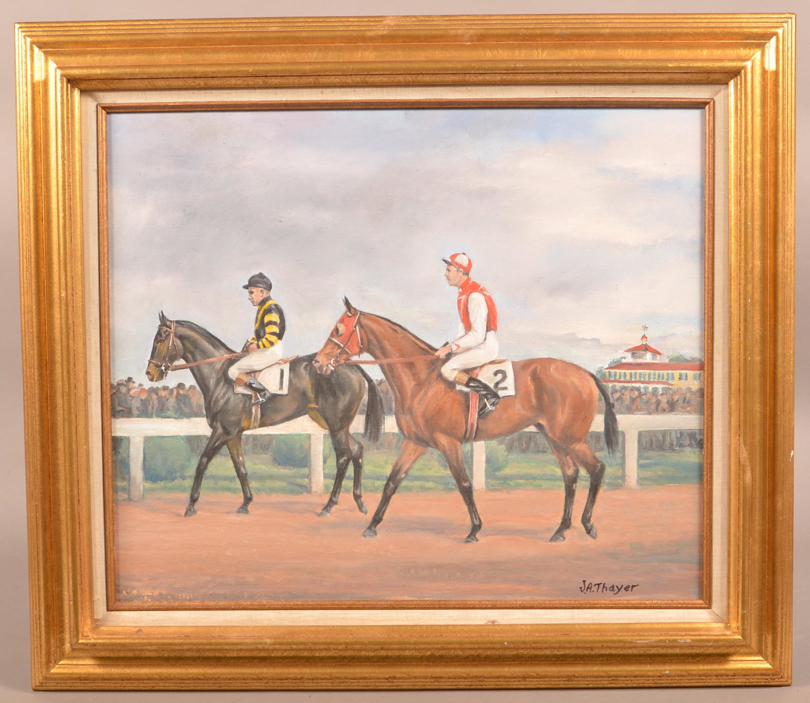 Oil on Artist Board Painting Signed J.A. Thayer.: Oil on Artist Board Painting Signed J.A. Thayer. Depicting War Armorial and Sea Biscuit. In a modern gilt frame, 27" x 31" Overall. Condition: Good.