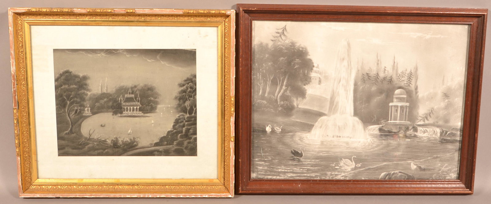 Two Folk Art Sand Paper Drawings of Saratoga Springs.: Two 19th Century Folk Art Sand Paper Drawings of Saratoga Springs. Unsigned, both are framed. Largest measures 17-1/2" x 22 -1/2" overall. Condition: Good with some foxing and toning. Gilt frame has m