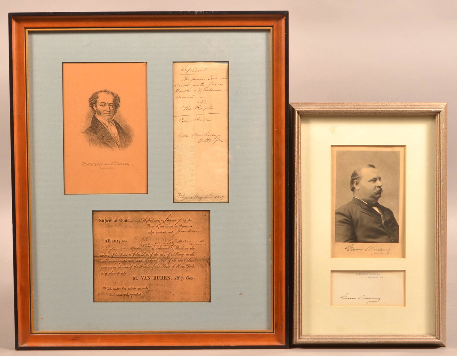 Autographs of Grover Cleveland and Martin Van Buren.: Framed Autographs of Grover Cleveland and Martin Van Buren. Largest 19-1/4" x 15-3/4" overall. Condition: Good with foxing.