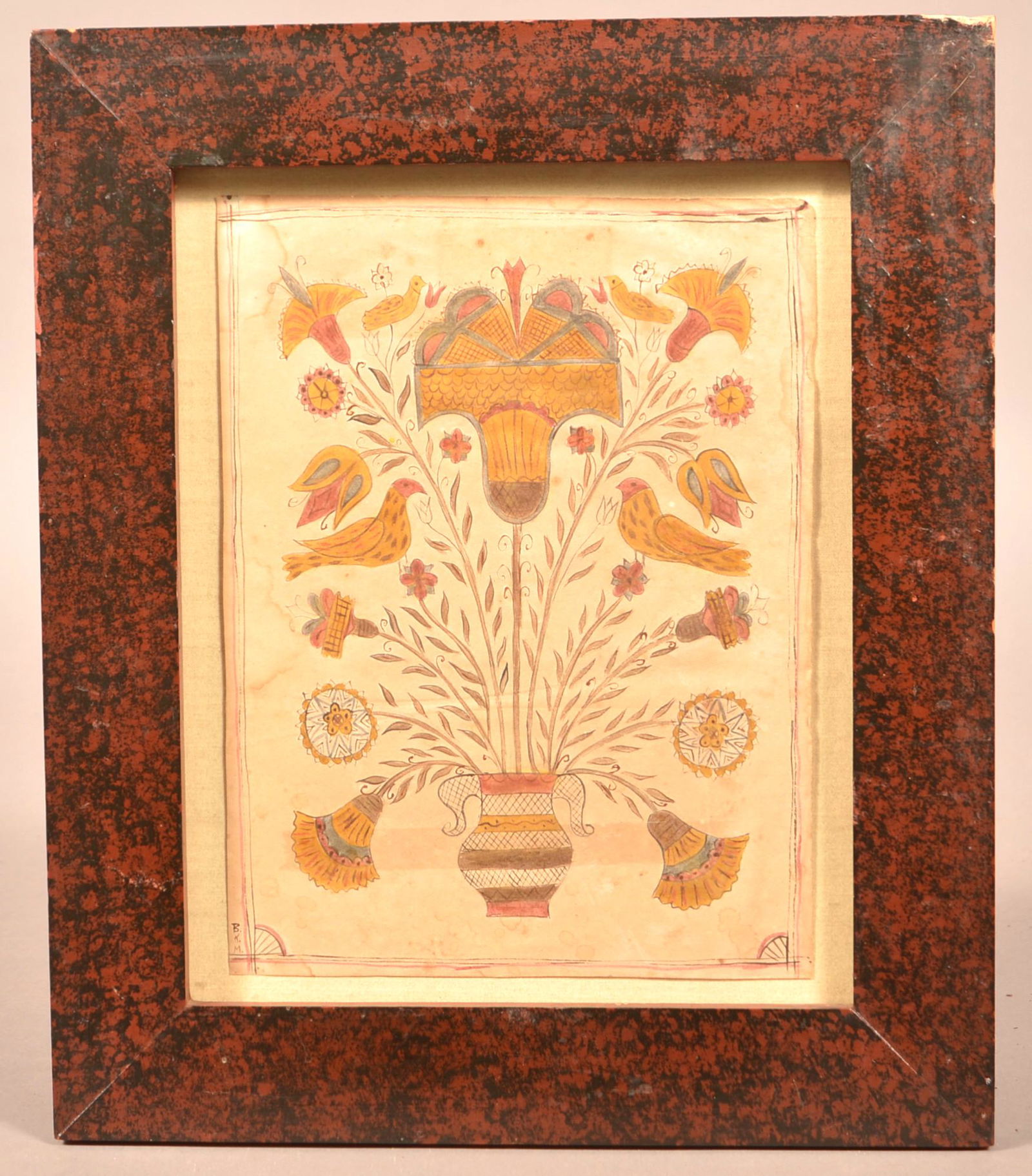 Vintage Folk Art Fraktur Watercolor Drawing.: Vintage Folk Art Fraktur Watercolor Drawing. Initialed lower left "B.K.M.". In a sponge painted frame, 13" x 11" overall. Condition: Good with light foxing and stains.