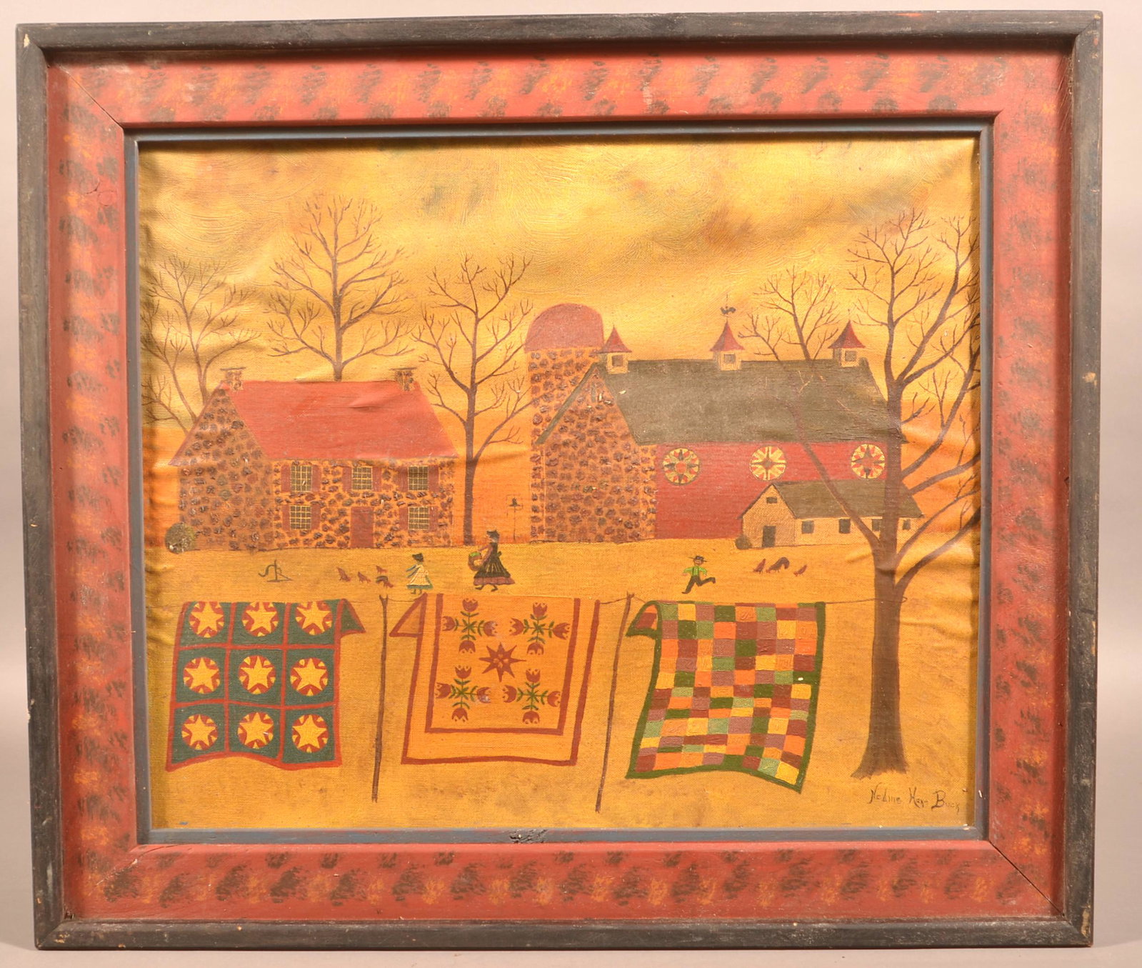 Nadine Hake Buck Oil on Artist Board Painting.: Nadine Hake Buck Oil on Artist Board Painting. Signed lower right. Depicting an Amish Farmstead with quilts. In a painted frame 26" x 29-1/2" overall. Condition: Fair with soiling and warpage.