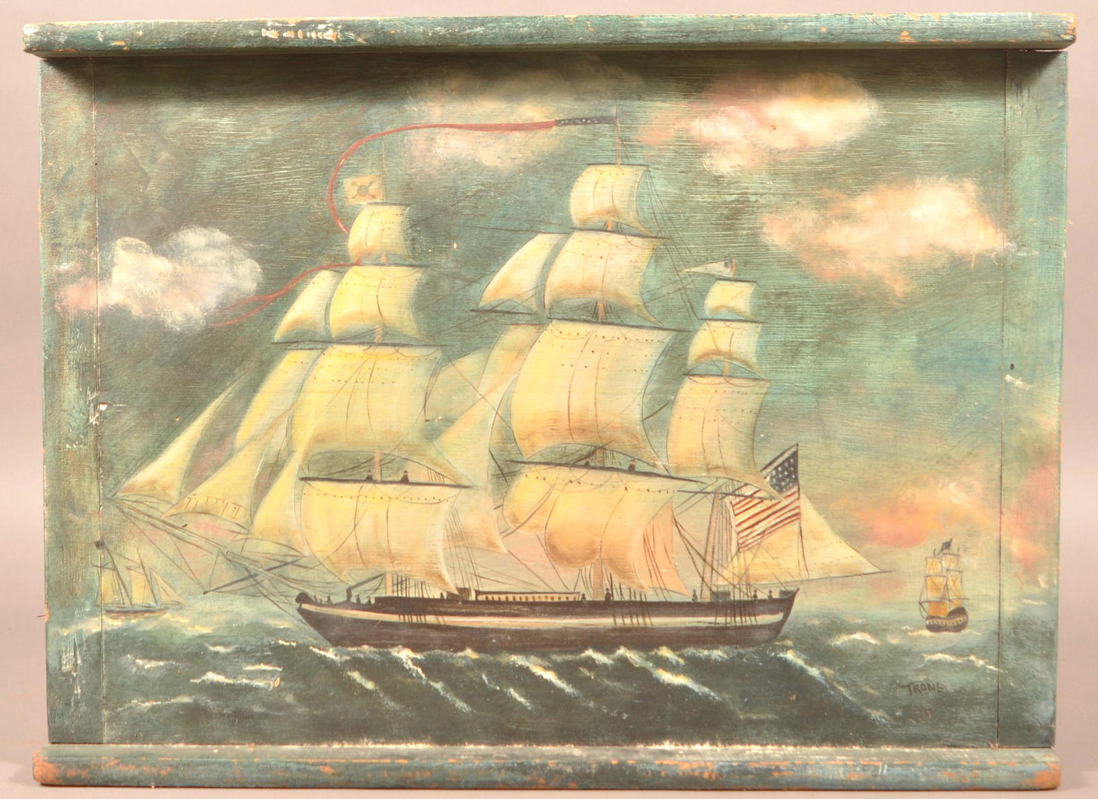 Vintage Nautical Oil Painting on Pie Board.: Vintage Nautical Oil Painting on Pie Board. Depicts an American clipper ship under sail. 20" x 27". Condition: Good with wear.