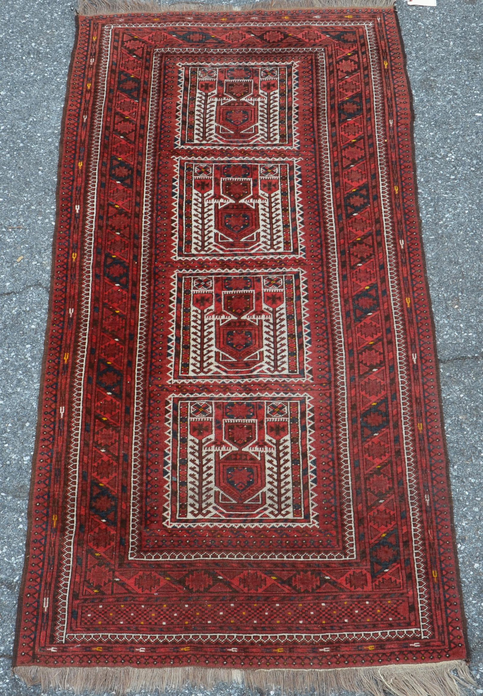 Vintage Oriental Geometric Pattern Area Rug.: Vintage Oriental Geometric Pattern Area Rug. 3'7" x 7'1". Condition: Good with minor wear.