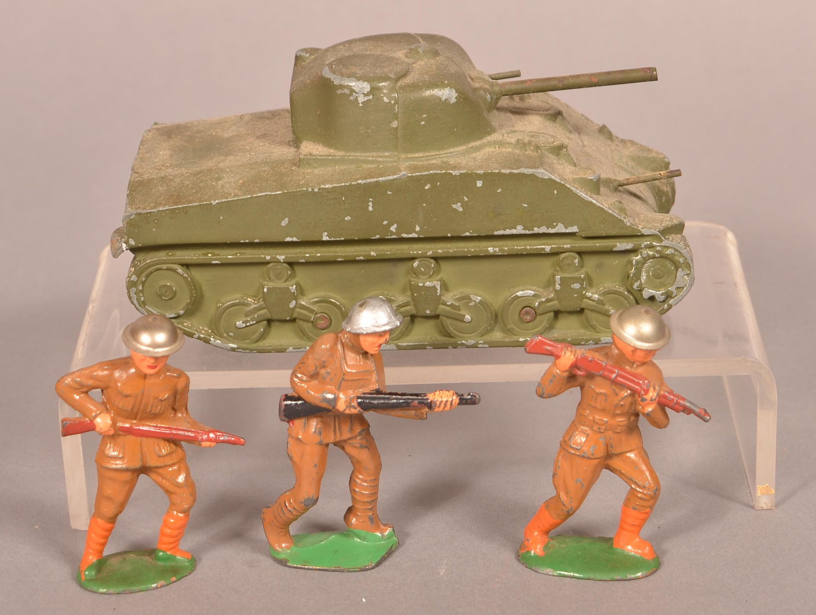 Vintage Metal M-4 Sherman Tank Toy & Three Soldiers.: Vintage Metal M-4 Sherman Tank Toy and Three Soldiers. Tank measures 6-1/4"l. Condition: Good with minor wear.