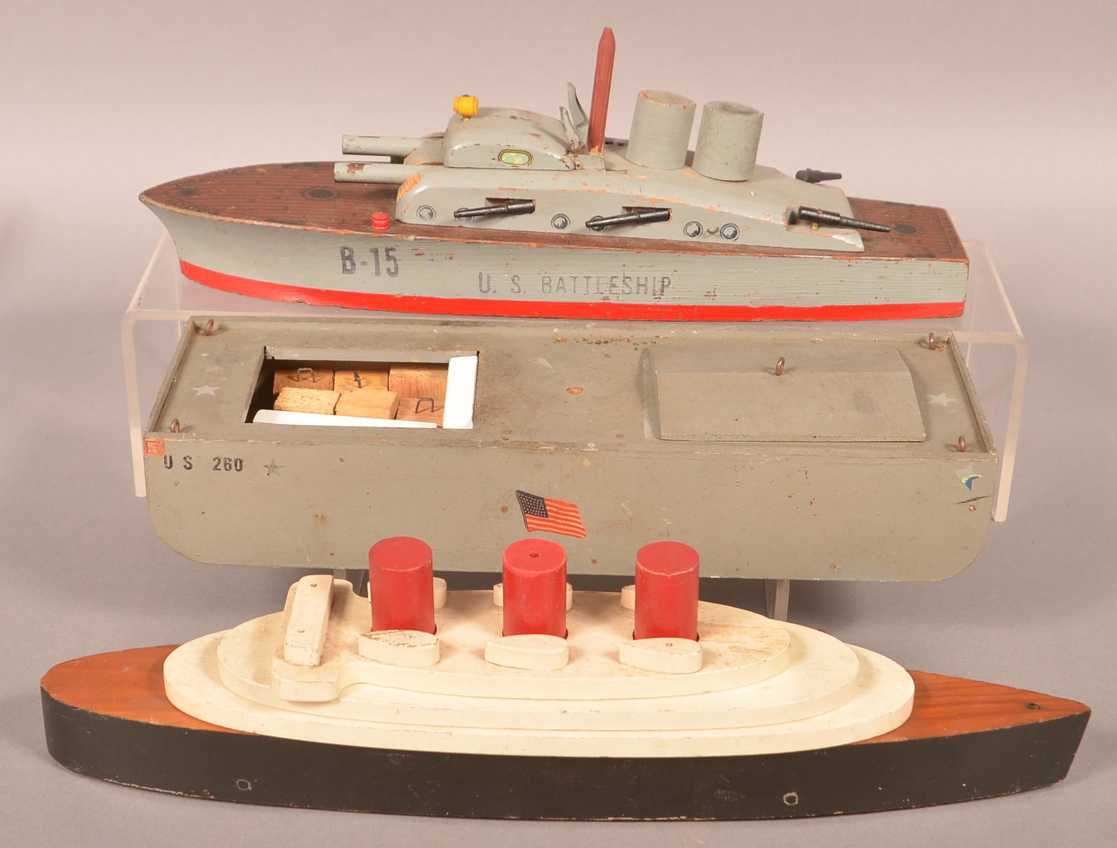Three Various Vintage Painted Wood Toy Boats. (1 of 2)