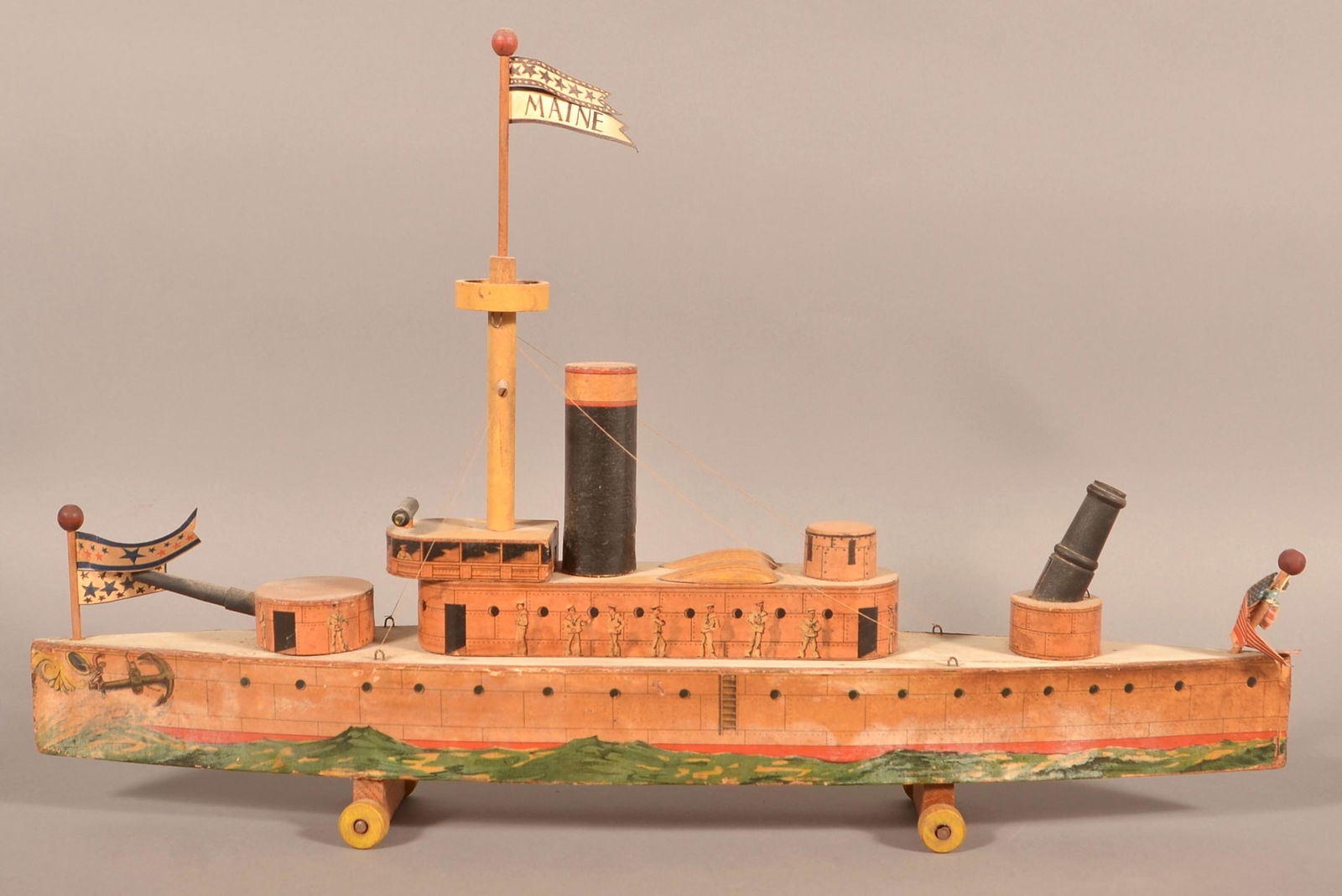 Vintage Wood and Litho Paper Battleship Pull Toy. (1 of 5)