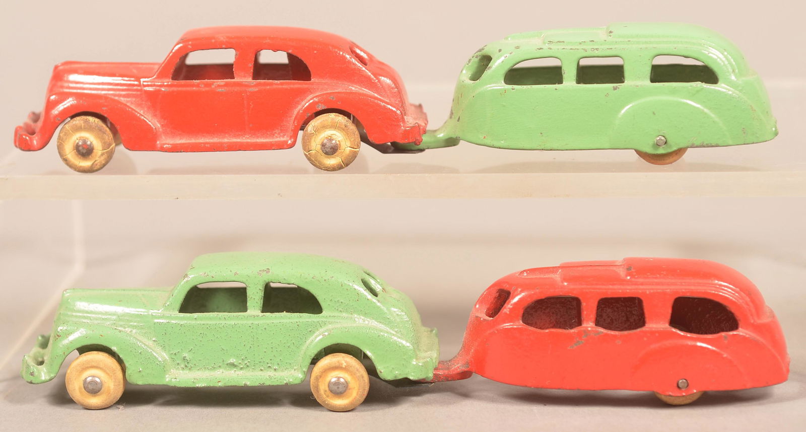 Two Hubley Small Cast Iron Sedans with House Trailers. (1 of 2)