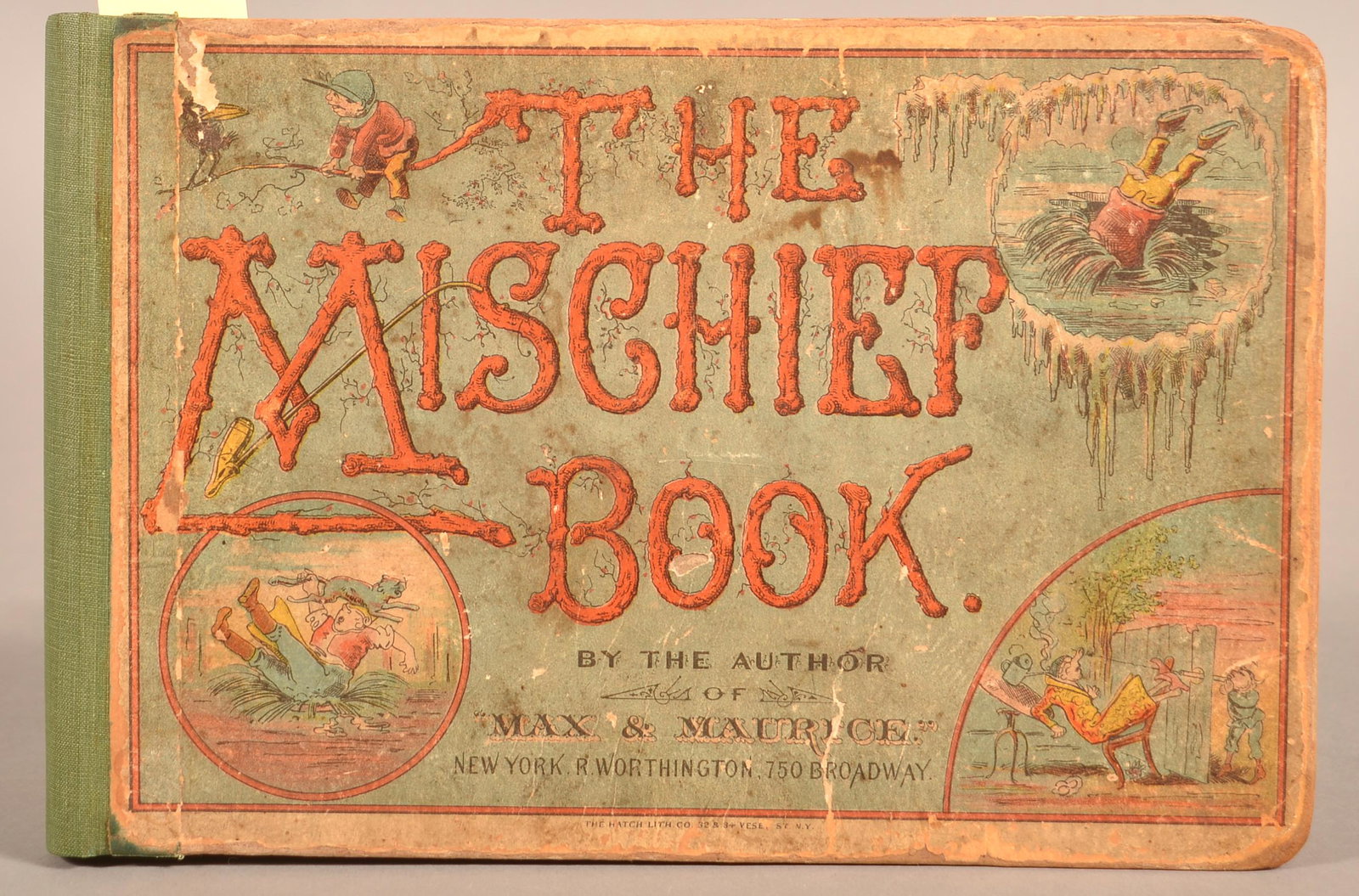 Wilhelm Busch The Mischief Book 1880 Rare: A rare children's book by German author Wilhelm Busch. The Mischief Book. NY: Worthington, 1880 (copyright 1877). Oblong 4to. Appears complete with 85 numbered leaves (non-illustrated leaves counted f