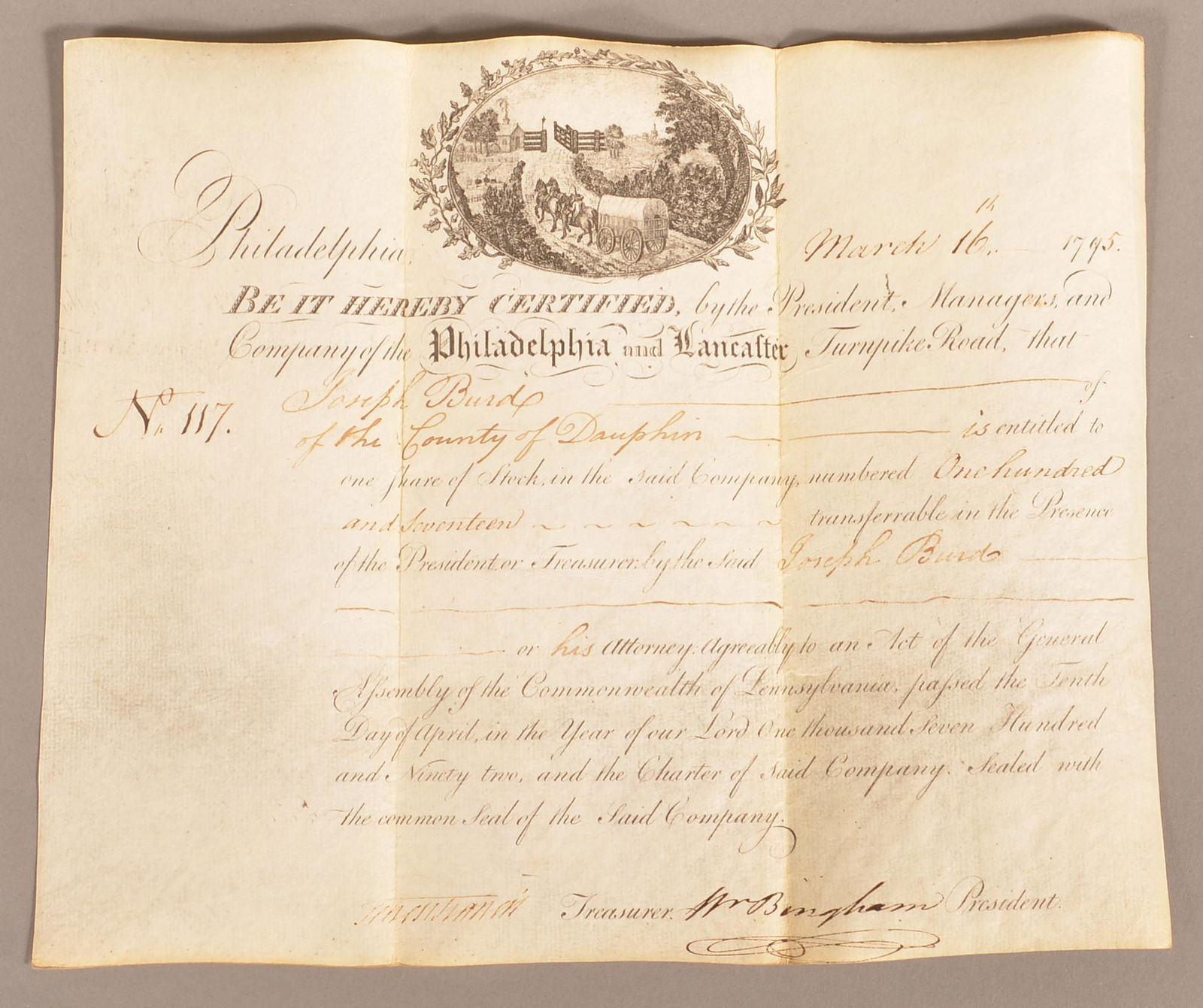 1795 Lanc-Phila T-Pike Stock Cert Snd Wm Bingham (1 of 3)
