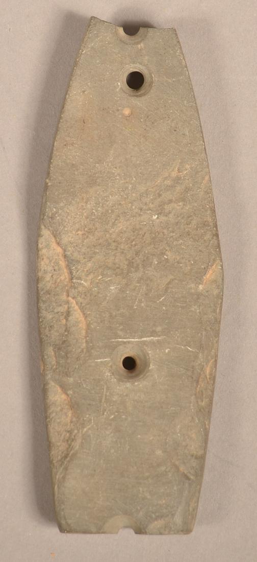 Prehistoric Slate Gorget: Prehistoric Slate Gorget from Branch Co. Mich. 4 1/2" x 1 3/4". Condition: Good.