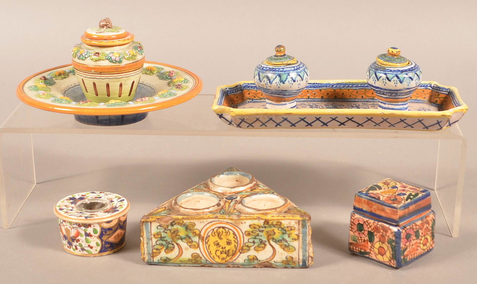 Five Antique Hand-Painted Pottery Inkwells. (1 of 3)