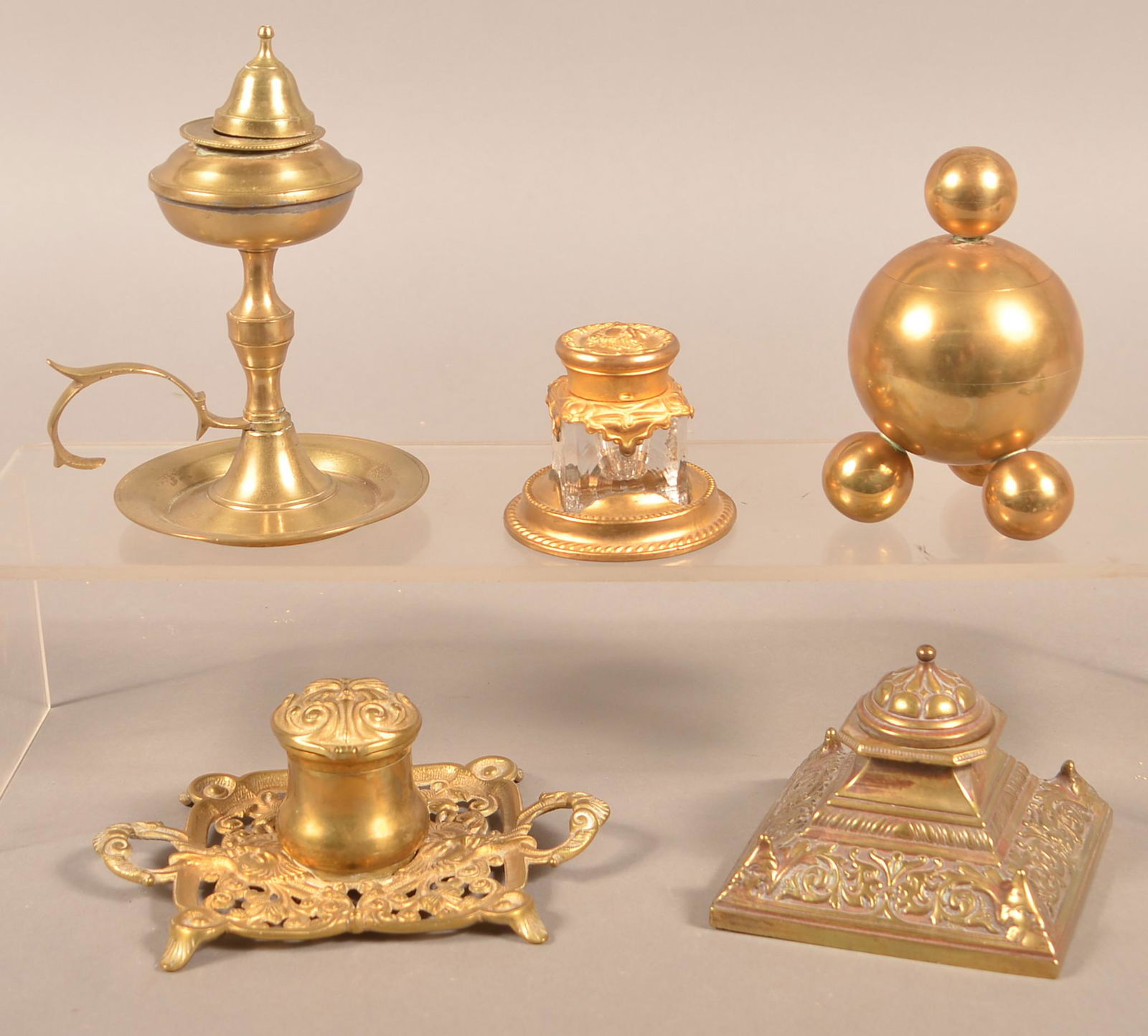 Five Antique Brass/Cast Metal Inkwells. (1 of 3)