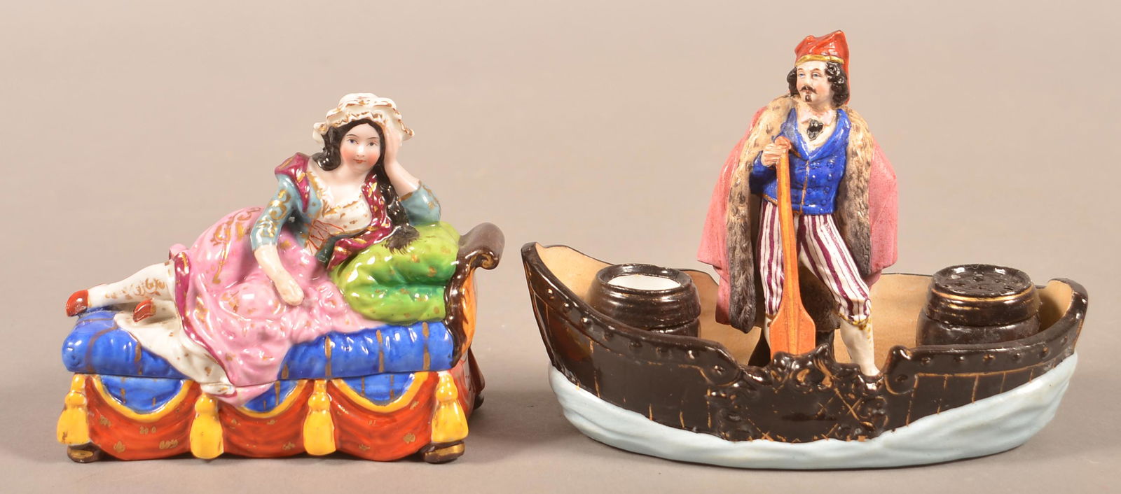 Two Antique Hand-Painted Porcelain Figural Inkwells. (1 of 4)