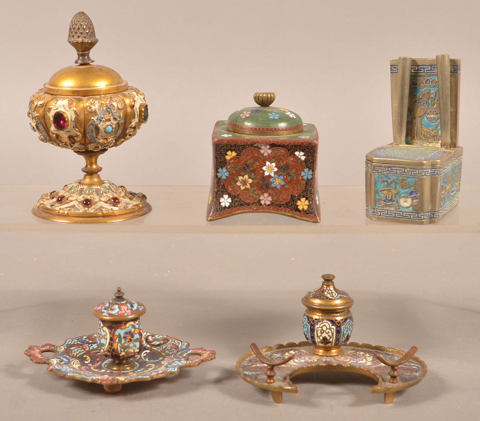 Five Antique Cloisonné/Enameled Bronze Inkwells. (1 of 10)