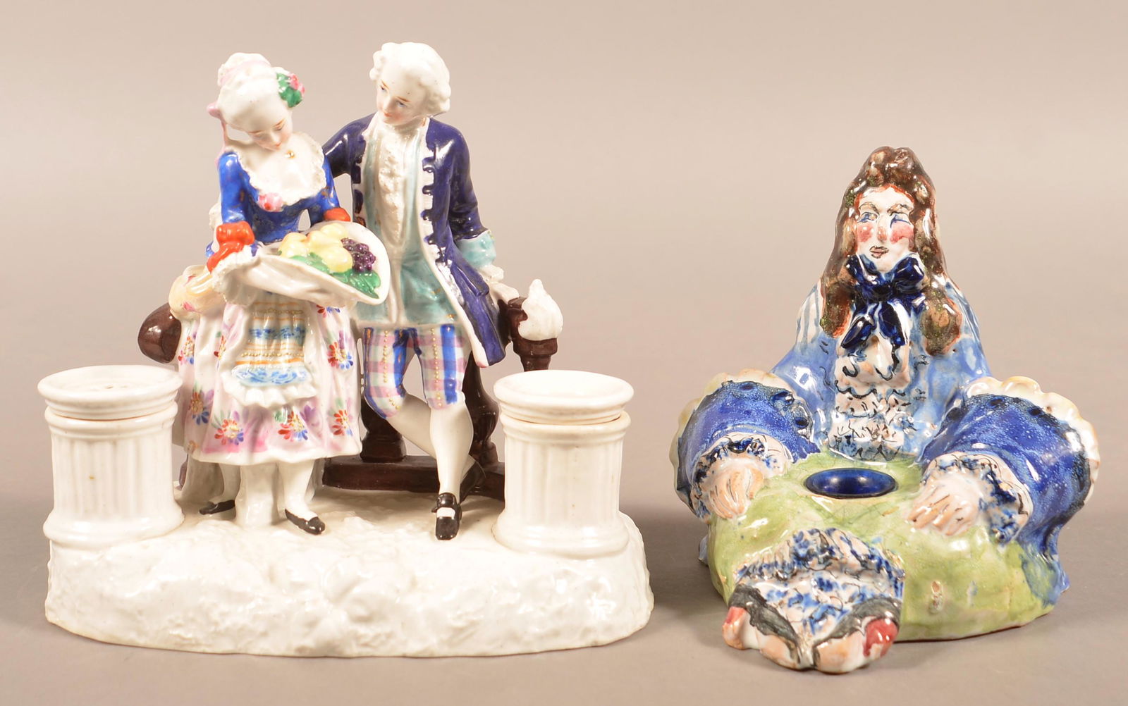 Two Hand-Painted Porcelain/Pottery Figural Inkwells. (1 of 3)