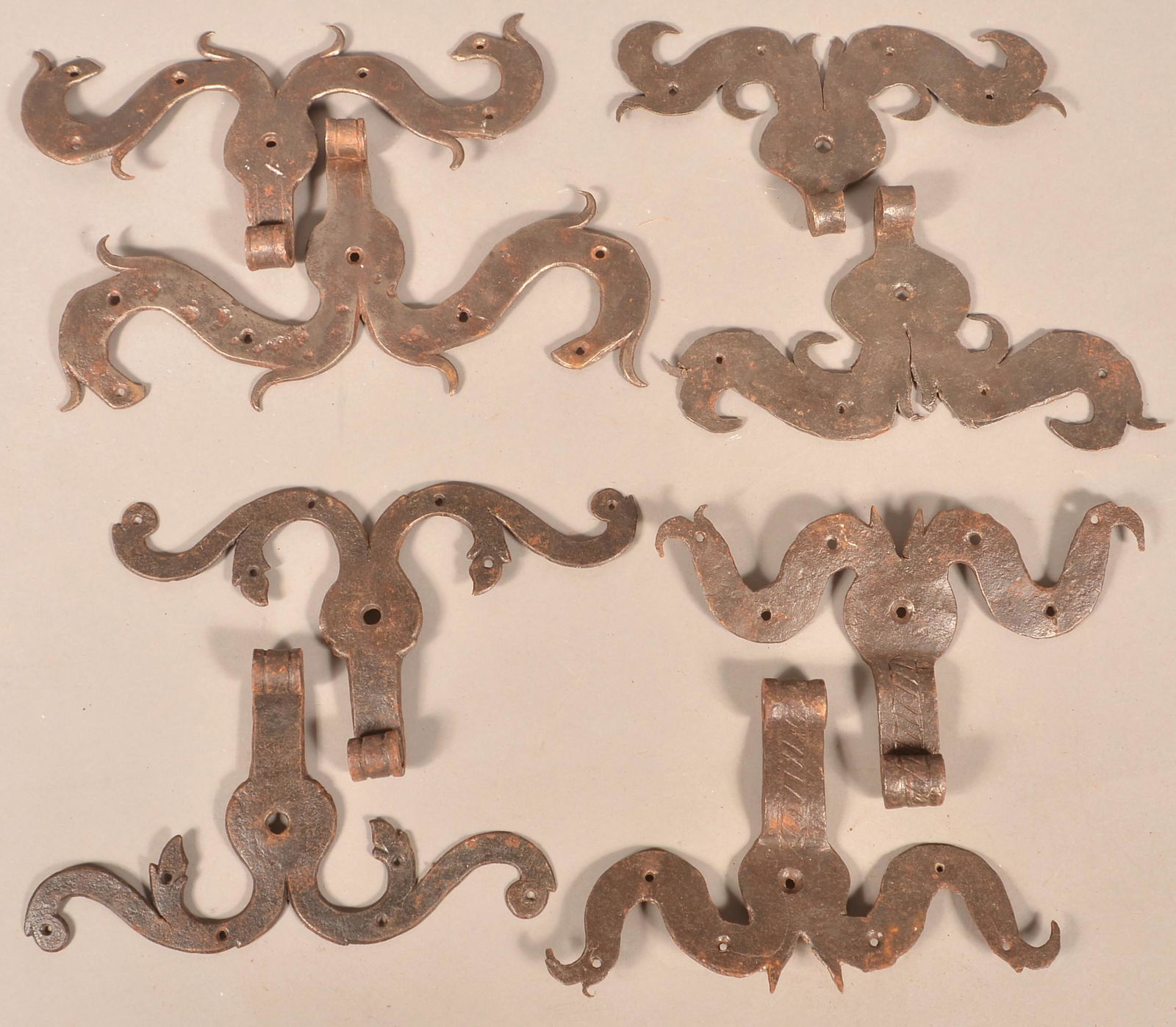 Four Pairs of Wrought Iron Rams Horn Hinges. (1 of 2)