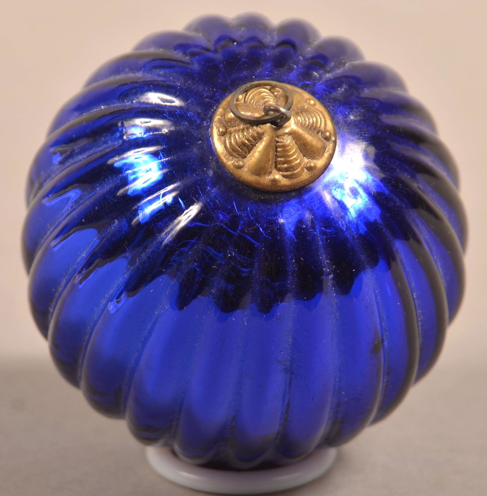 Antique German Cobalt Glass Ribbed Ball Form Kugel. (1 of 3)