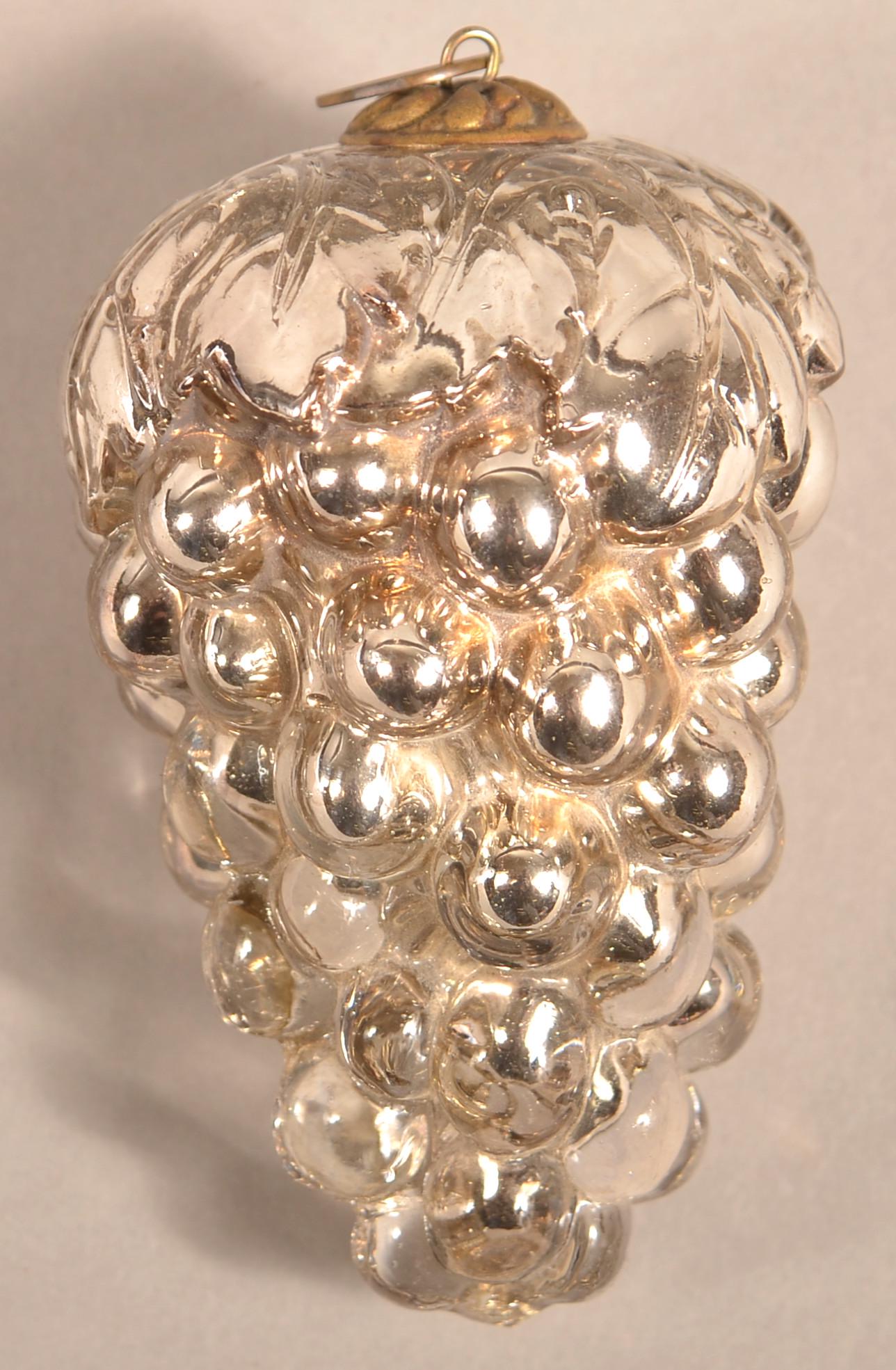 Antique German Silver Glass Leaf Cluster of Grapes: Antique German Silver Glass Leaf Cluster of Grapes Kugel. Baroque cap. 4"h. Condition: Very good.