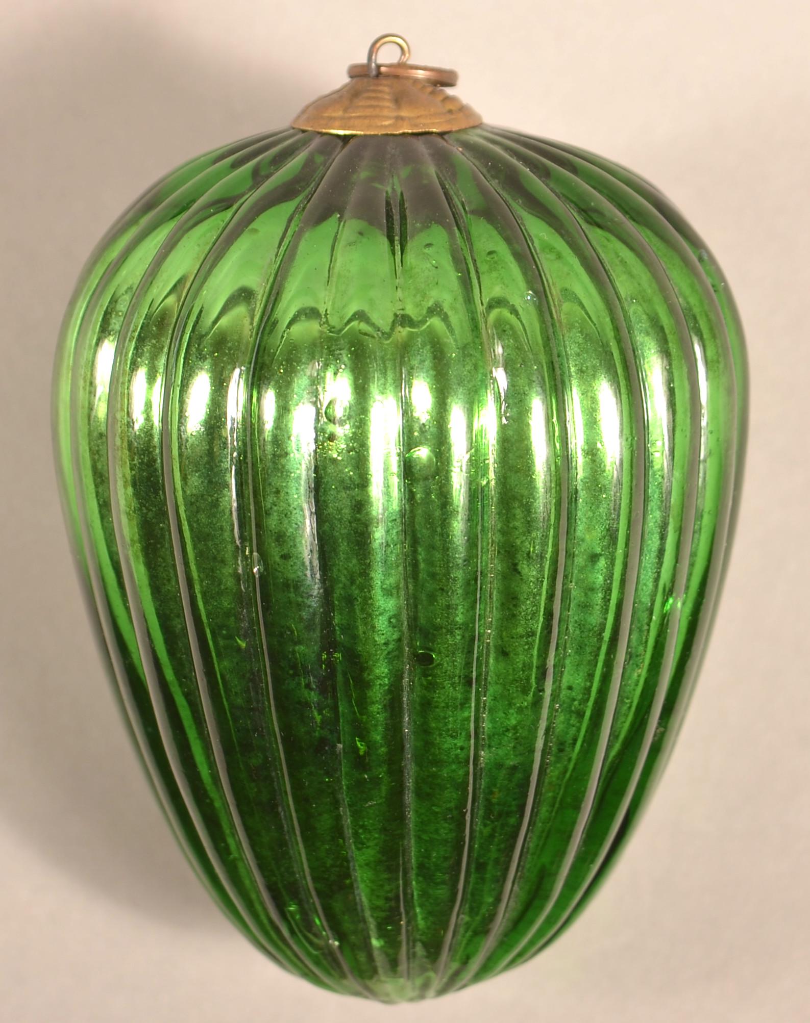Antique German Green Glass Ribbed Egg Form Kugel. (1 of 3)
