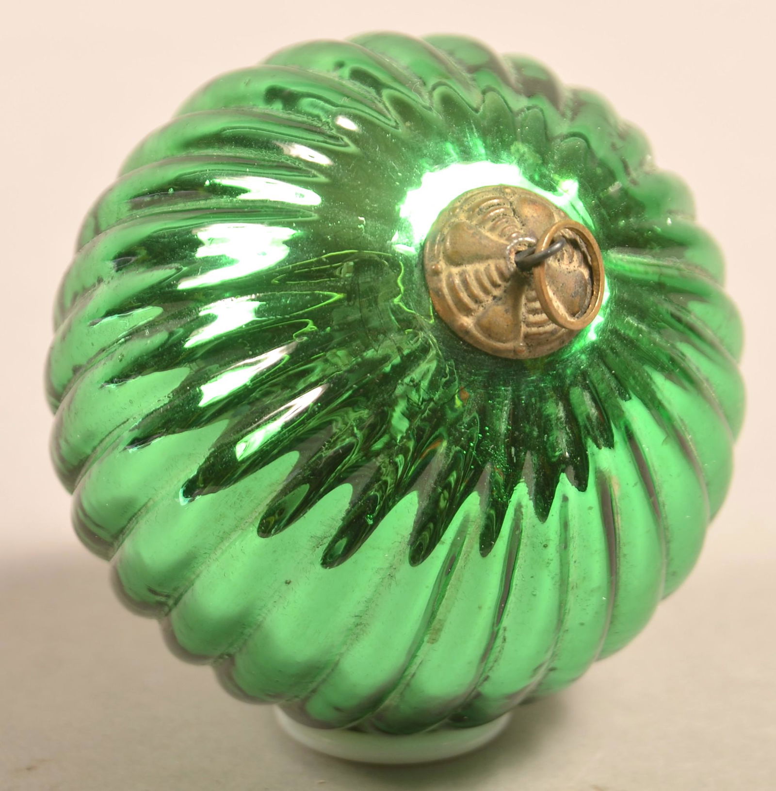 Antique German Pea Green Glass Ribbed Ball Form Kugel. (1 of 3)