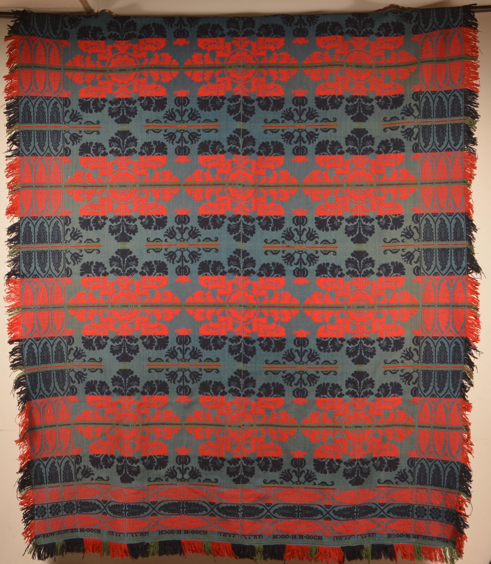 PA 1846 Three Color Two-Part Woven Jacquard Coverlet. (1 of 5)