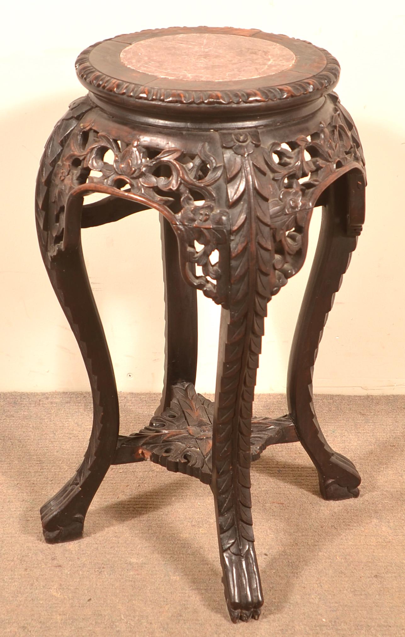 Antique Oriental Carved Rosewood Marble Top Stand. (1 of 2)