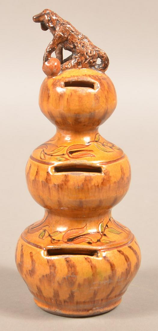 Greg Shooner 2011 Redware Pottery Bulbous Still Bank.: Greg Shooner 2011 Redware Pottery Triple Bulbous Still Bank. Dog with ball finial. 9-1/2" high. Condition: Good with intentional wear.