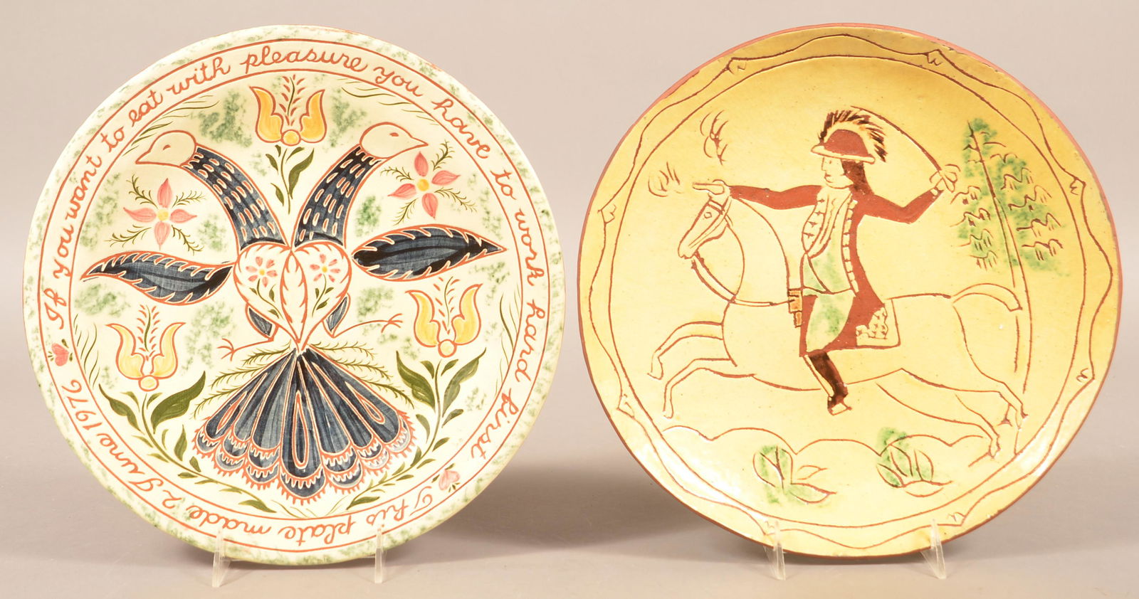 2 Contemporary Sgrafitto Decorated Redware Chargers.: Two Contemporary Sgrafitto Decorated Redware Chargers. 12-1/2" diam. Condition: Very good.