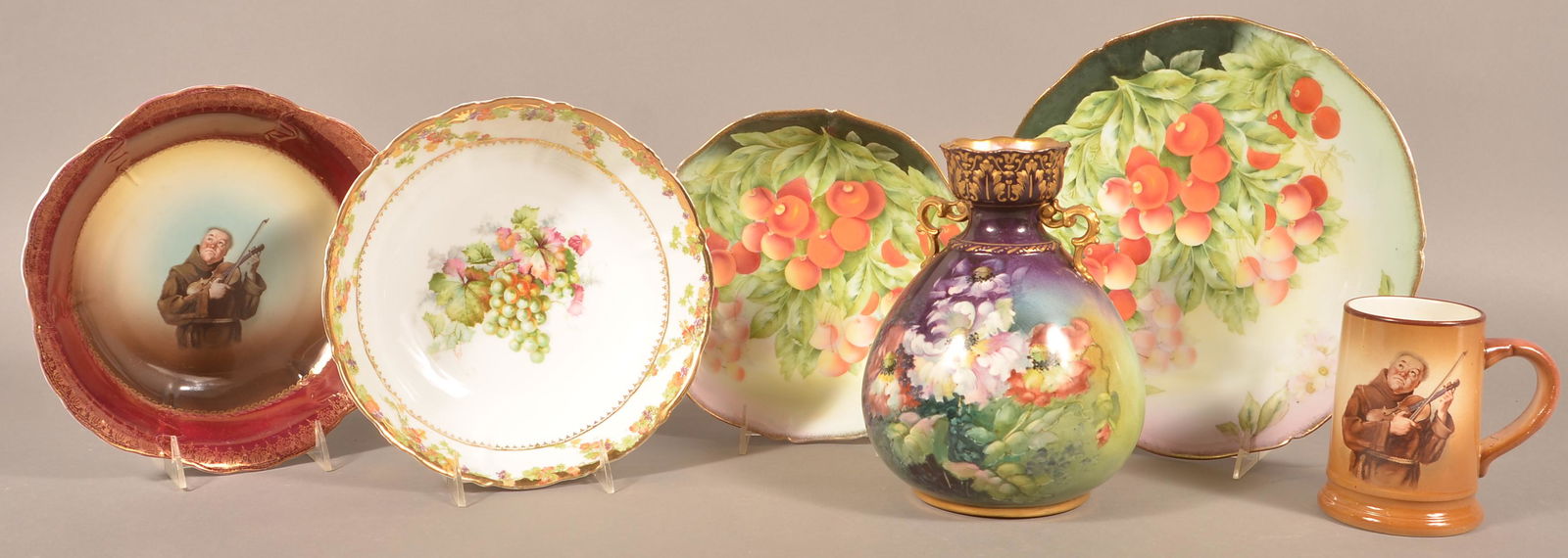 Six Pieces of Bavarian Antique Decorated China.: Six Pieces of Bavarian Antique Decorated China. Royal Bonn vase 9"h. Condition: Good, one with a chip.
