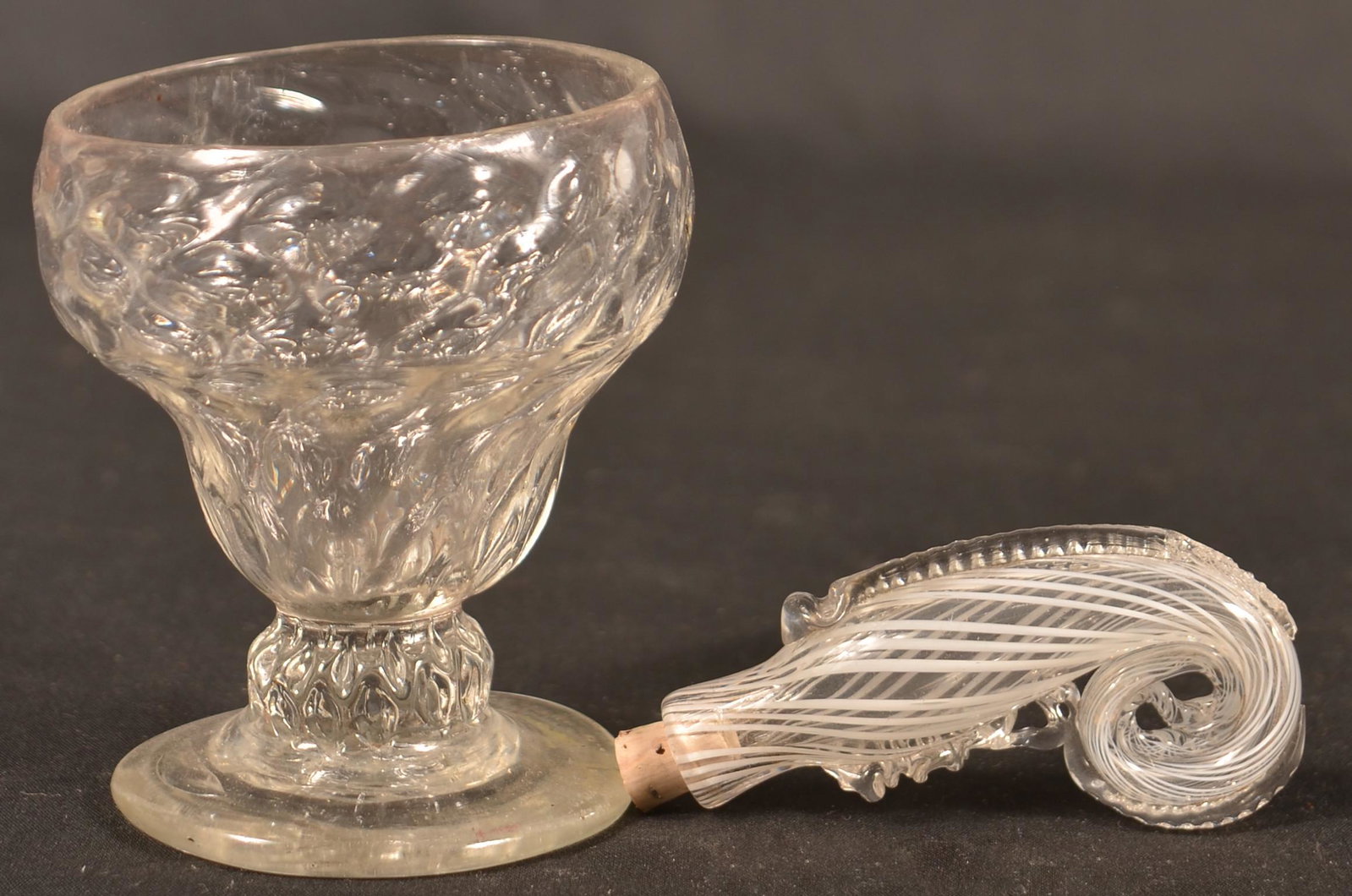 Two Pieces of Early Blown Glass.: Two Pieces of Early Blown Glass. Stiegel type expanded diamond footed master salt, 3-1/4"h. and a Nailsea Snail Form Scent Bottle with Applied Rib. 2-3/4"l. Condition: Very Good.