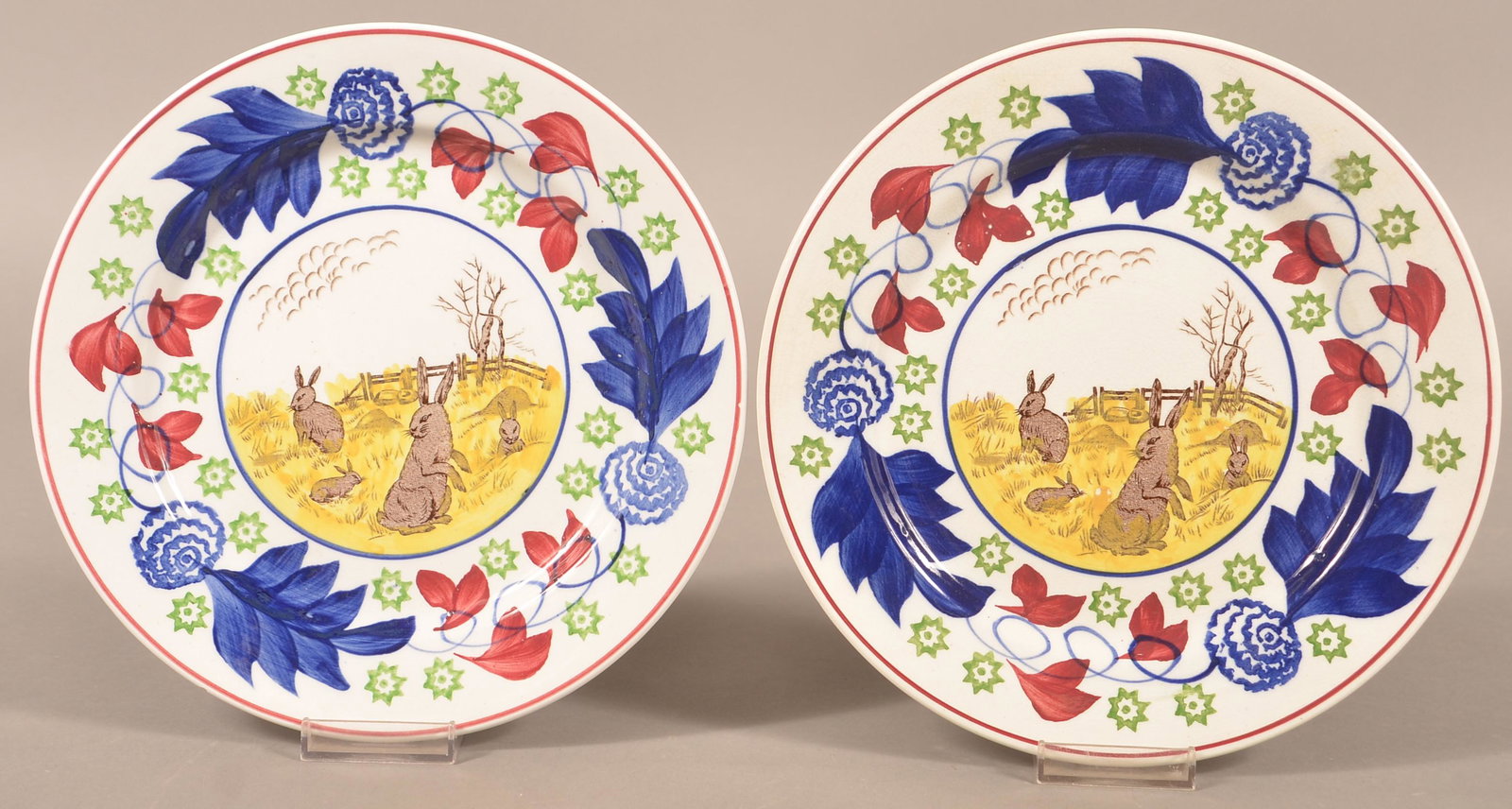 Two Rabbitware Stick Spatter Ironstone China Plates.: Two Rabbitware Stick Spatter Ironstone China Plates. Central rabbit transfer scenes with polychrome stick spatter borders, 9-1/2" diam. Condition: Very good.