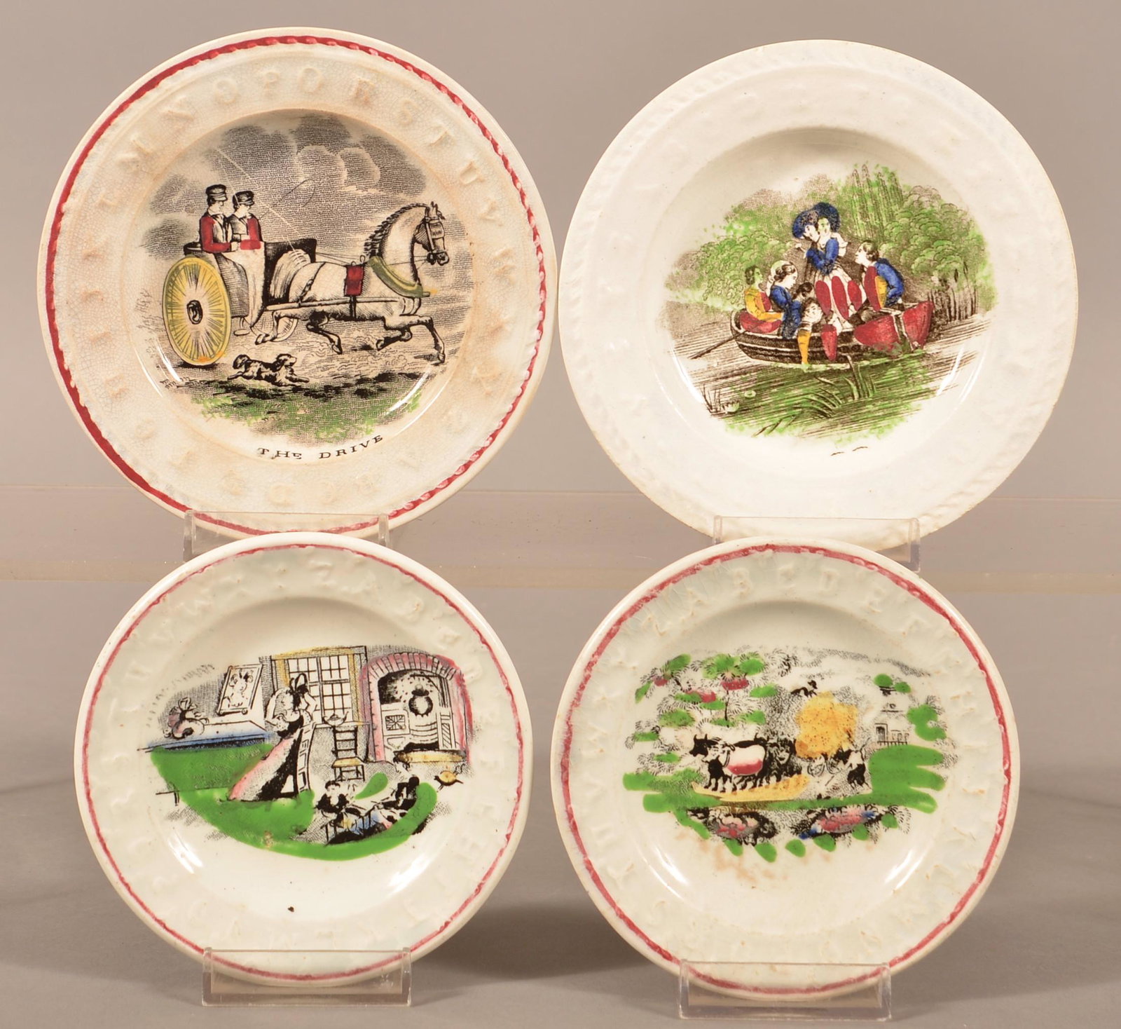 4 Decorated Ironstone China Child's Alphabet Plates.: Four Transfer Decorated Ironstone China Child's Alphabet Plates. Largest 5" diam. Condition: Good with minor wear.