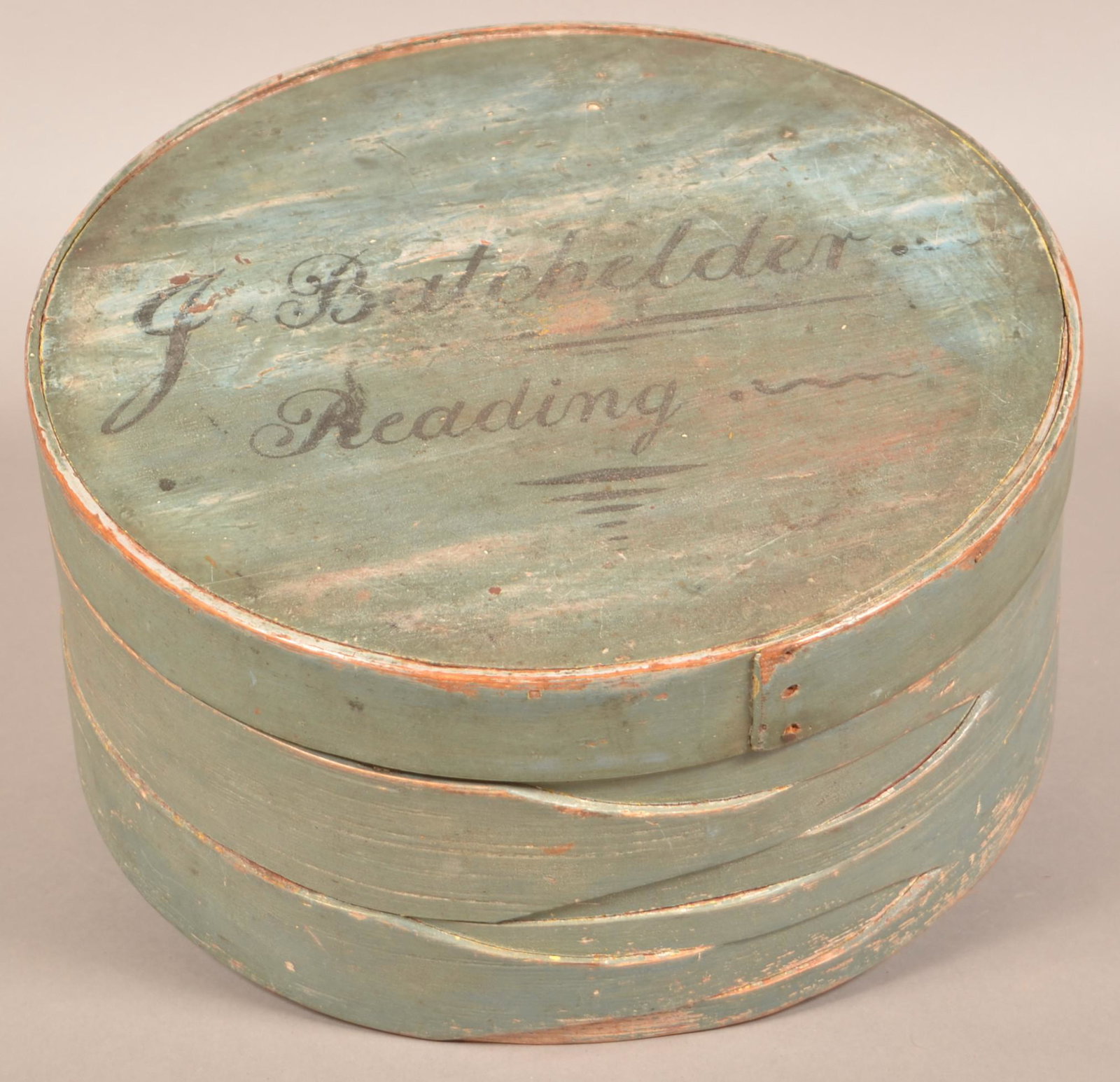 Antique Blue Painted Bentwood Round Storage Box.: Antique Blue Painted Bentwood Round Storage Box. With two wide interlocking wood band and single finger wrapped lid. Lid is signed "J. Batchelder, Reading". 7"h. X 14-1/2"diam. Condition: Good with we