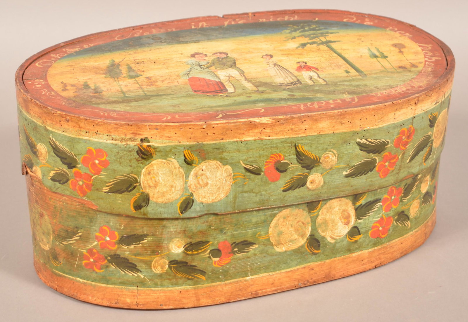 Continental Polychrome Dec. Bentwood Bride's Box.: Continental Late 18th/Early 19th Century Polychrome Decorated Bentwood Bride's Box. Lid having a painted scene depicting Man and Wife arm in arm with two children and landscape in background. Polychro