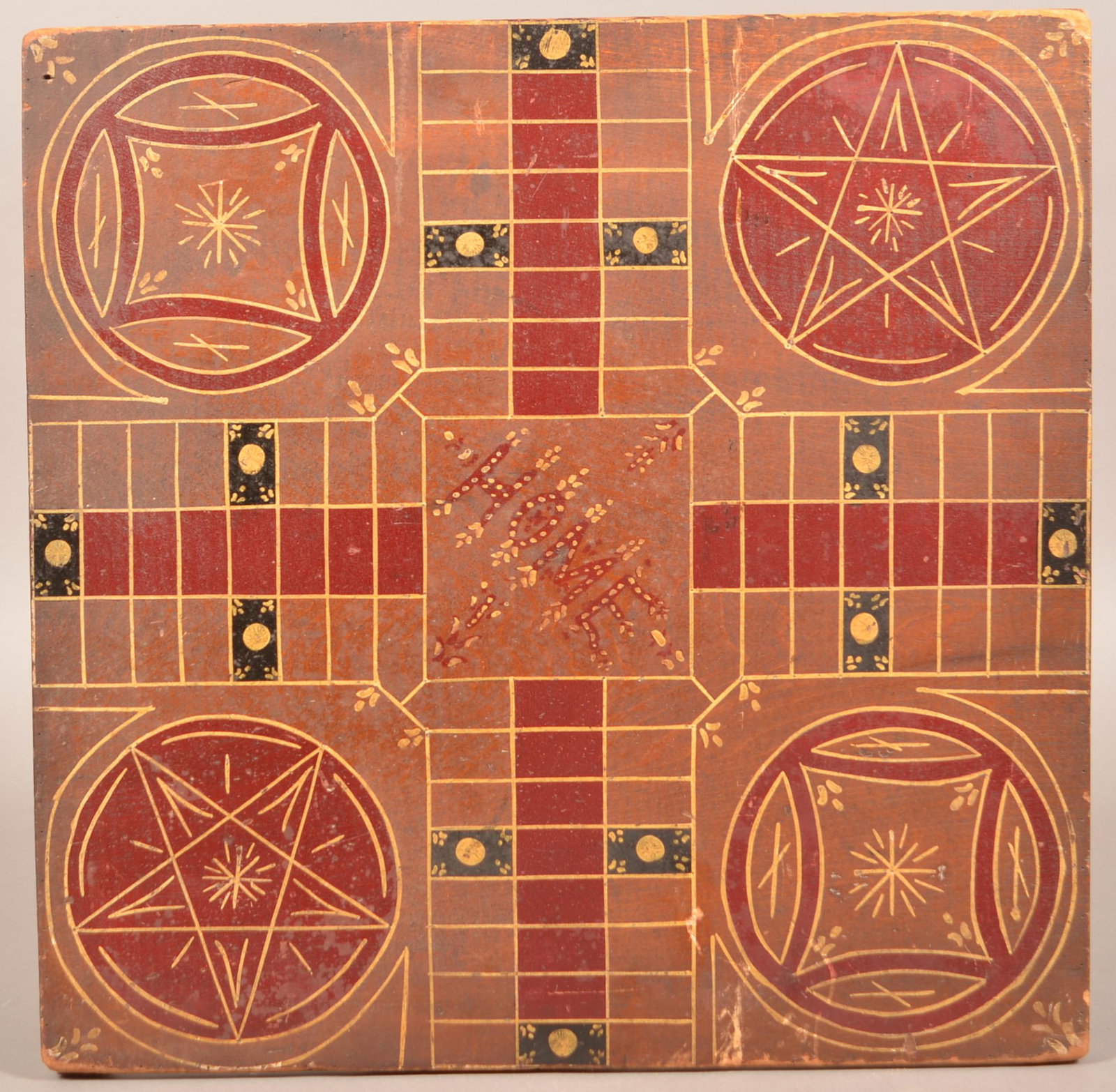 Antique Paint Decorated Game Board.: Antique Paint Decorated Game Board. Single sided Parcheesi with central "Home". 16-1/2" x 18-3/4". Condition: Good with minor wear.