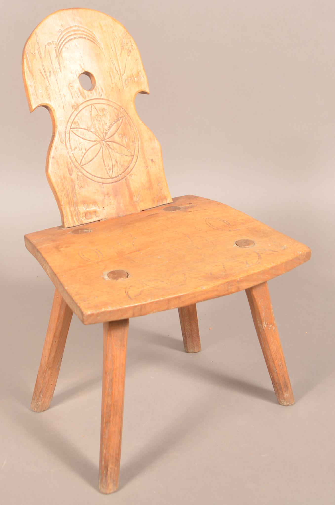 Rare PA 18th Century Maple Child's Back Stool.: Rare Pennsylvania 18th Century Maple Child's Back Stool. Carved pinwheel and compass designs. 19-1/2"h. overall. Condition: Good with wear and minor age cracks. Some insect damage.