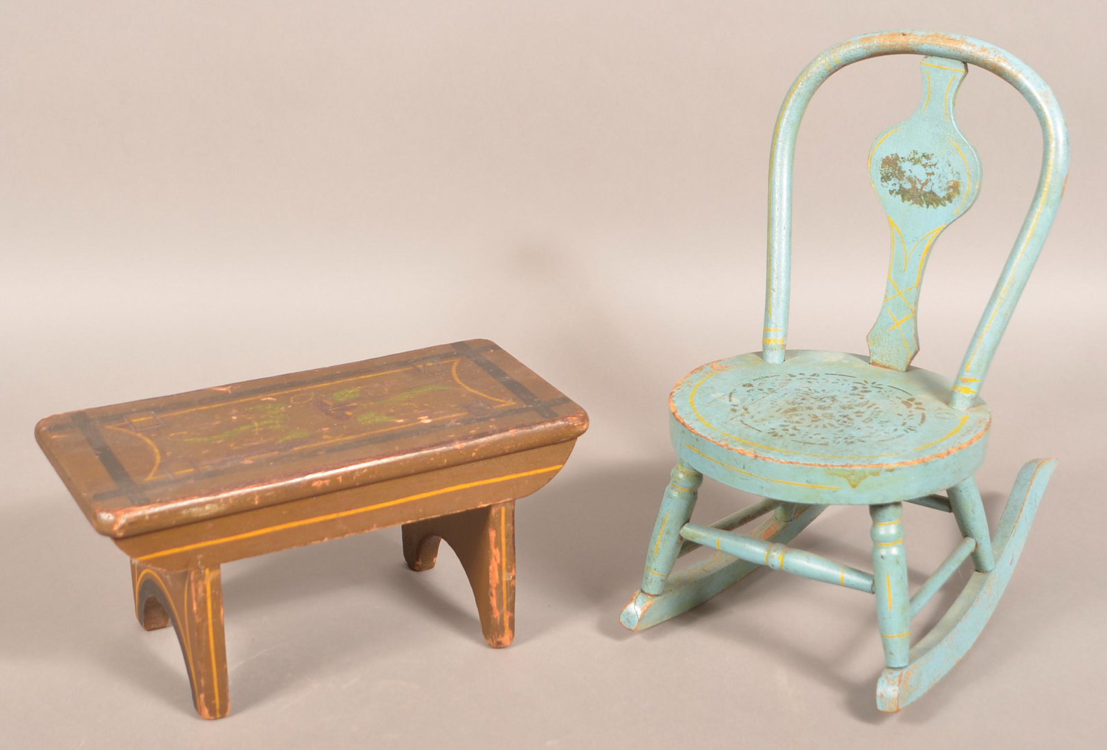 Antique Paint Decorated Child's Rocker and Footstool.: Antique Paint Decorated Child's Rocker and Footstool. Rocker measures 17"h. overall. Condition: Good with wear.