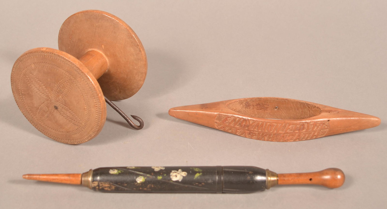 Lot of Three Antique Wood Sewing Related Items.: Lot of Three Antique Wood Sewing Related Items. Umbrella needle case measures 12-3/4"l. Condition: Good with wear.