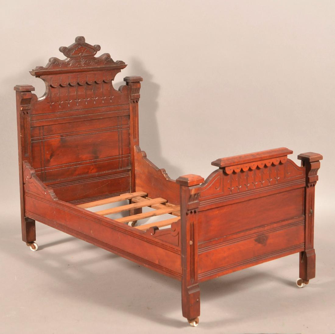 Eastlake Victorian Mixed Wood High-Back Doll Bed.: Eastlake Victorian Mixed Wood High-Back Doll Bed. 25"h. x 30-1/2"l. x 18-1/2"w. Condition: Good with minor wear and screw repairs.