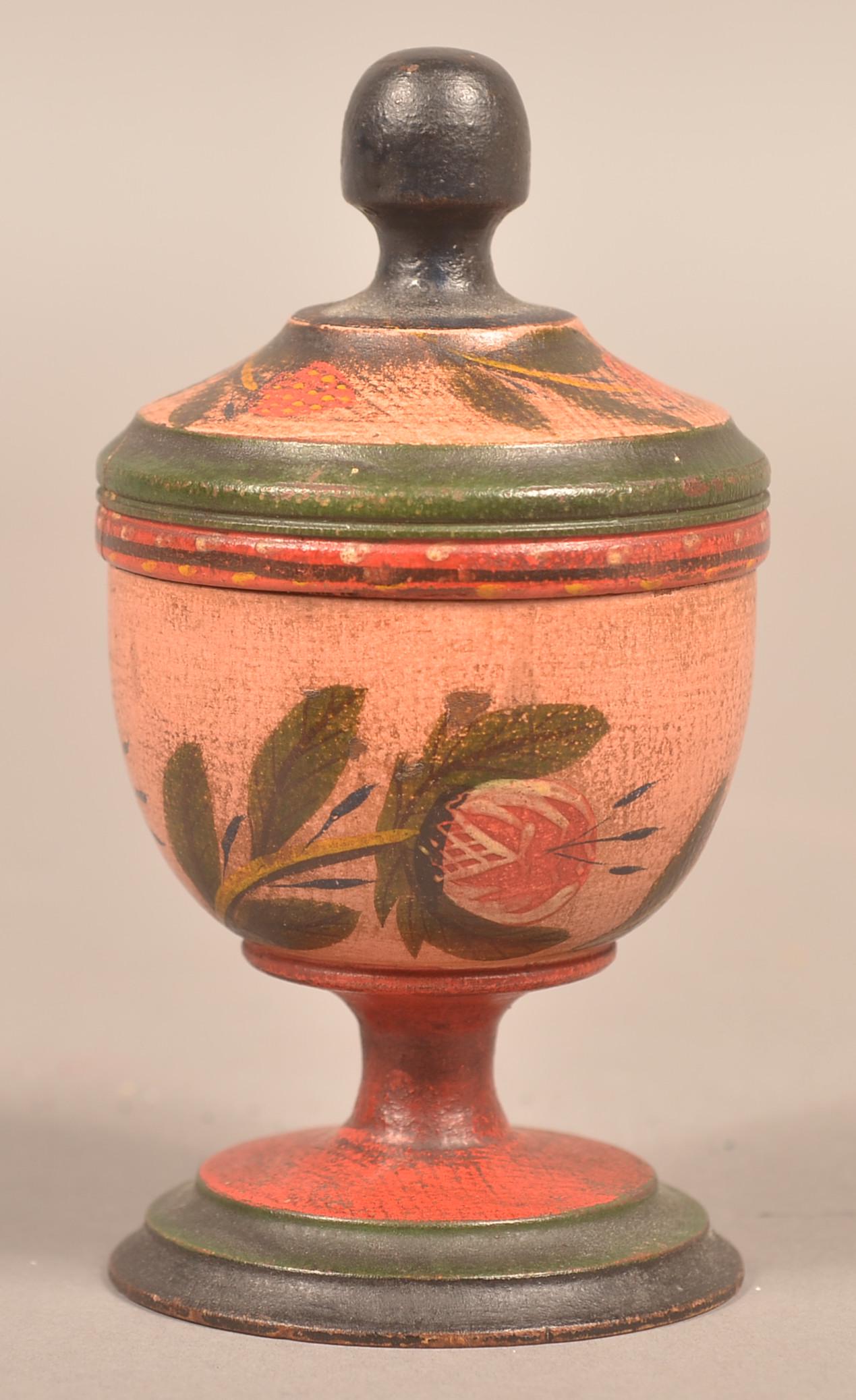 Covered Lehnware Footed Saffron Cup.: Covered Lehnware Footed Saffron Cup. Joseph Long Lehn (1798-1892), Clay Township, Lancaster County, Pennsylvania. Turned poplar wood, blue, green and red foot, salmon body with three pomegranates, red